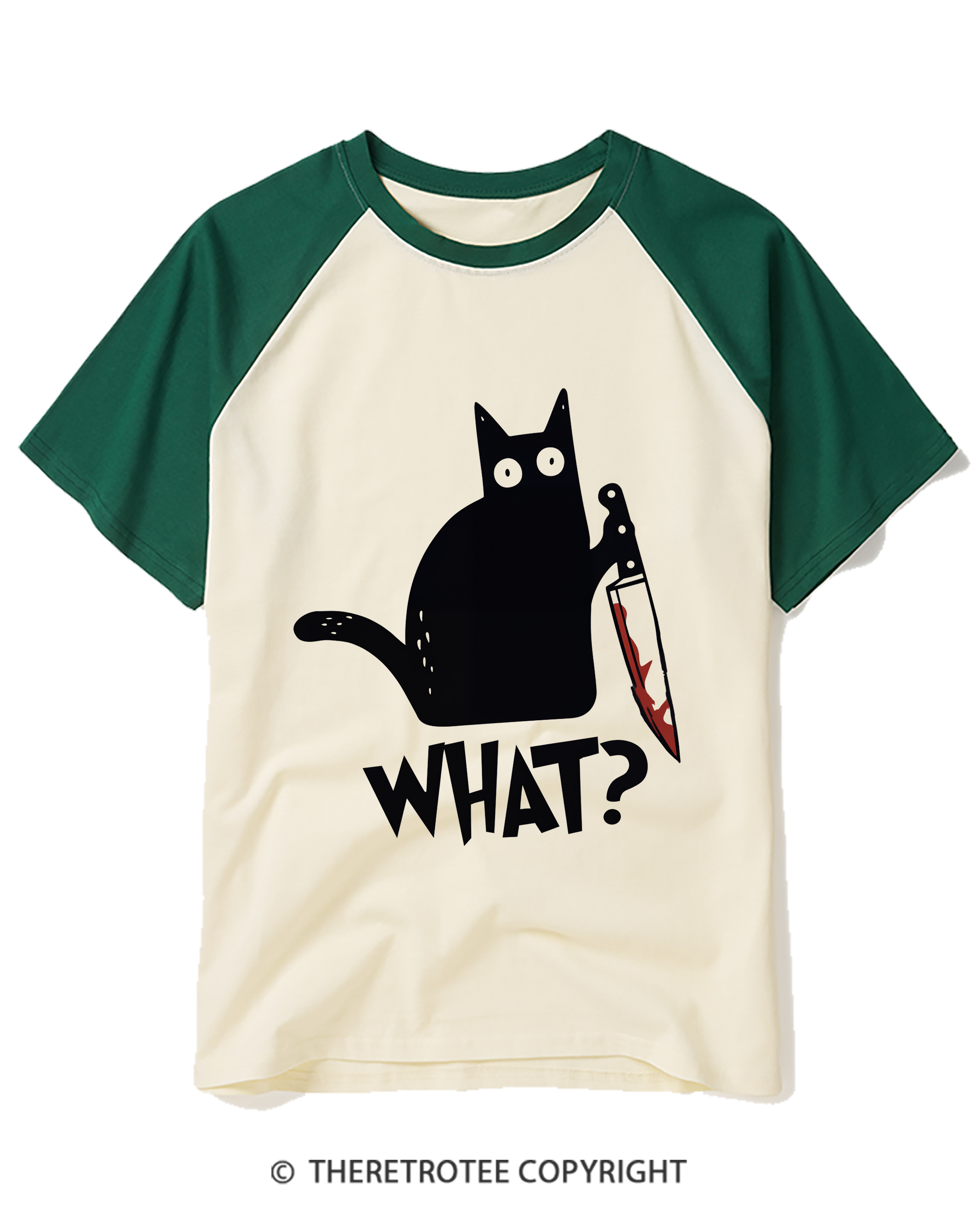 TheRetroTee What Black Cat With Knife Scary Halloween Raglan Baseball T-Shirt
