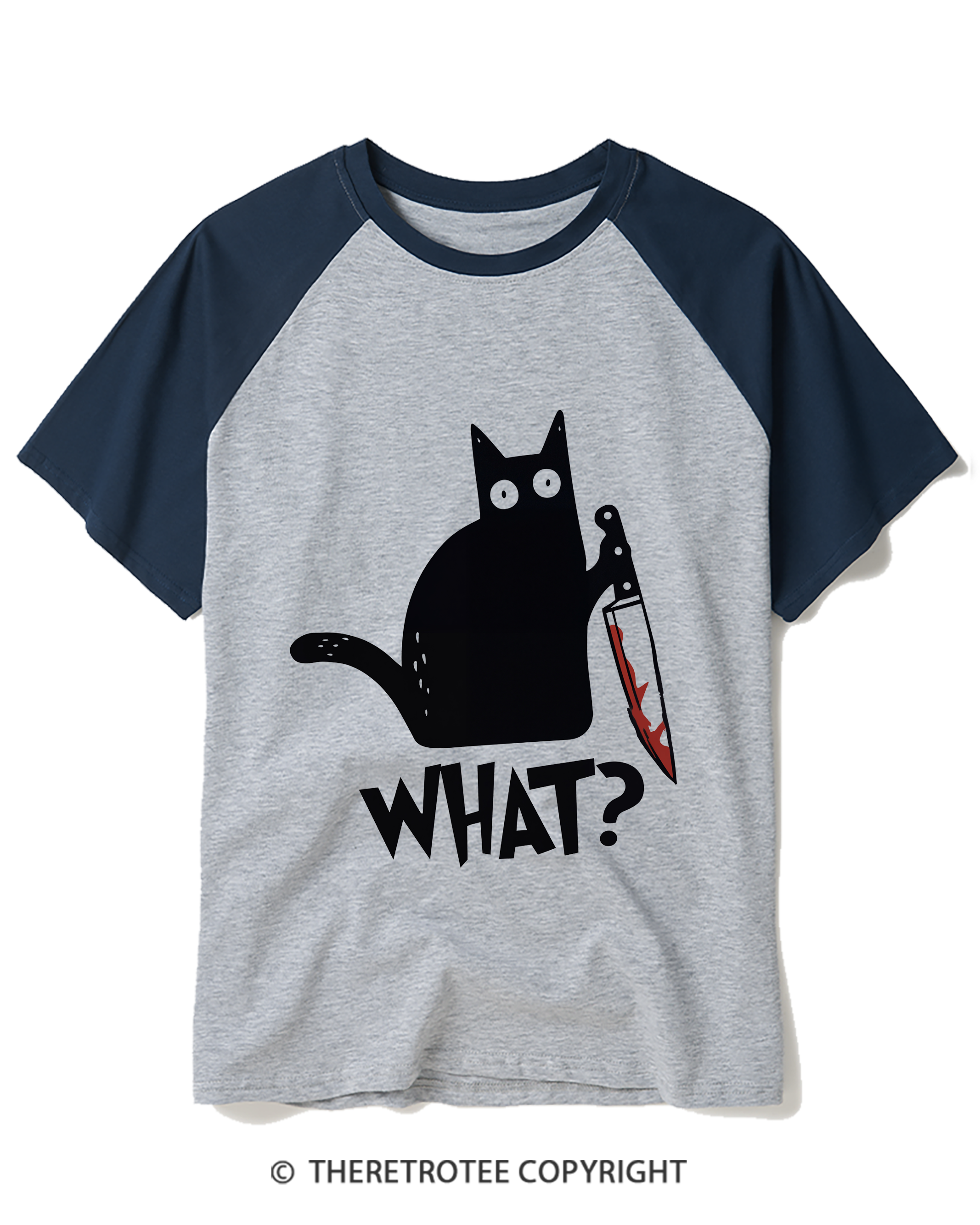 TheRetroTee What Black Cat With Knife Scary Halloween Raglan Baseball T-Shirt