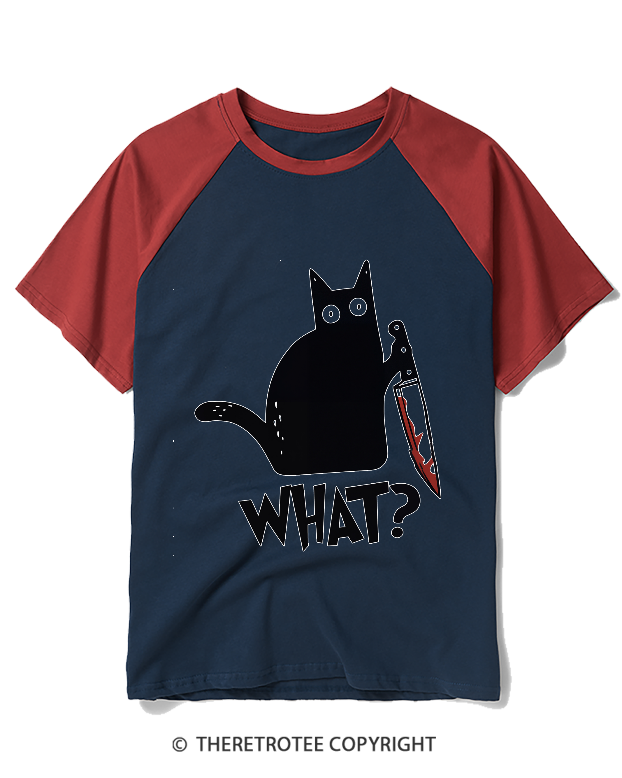 TheRetroTee What Black Cat With Knife Scary Halloween Raglan Baseball T-Shirt