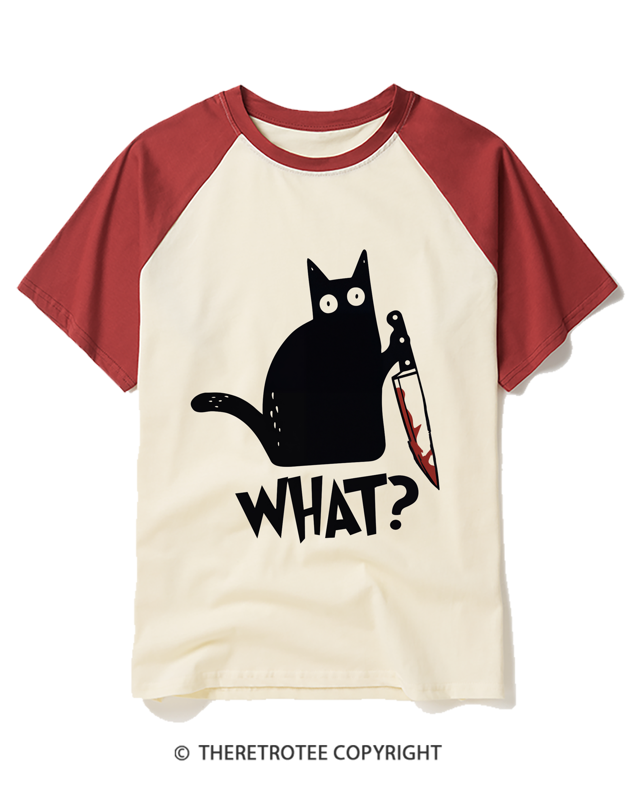 TheRetroTee What Black Cat With Knife Scary Halloween Raglan Baseball T-Shirt