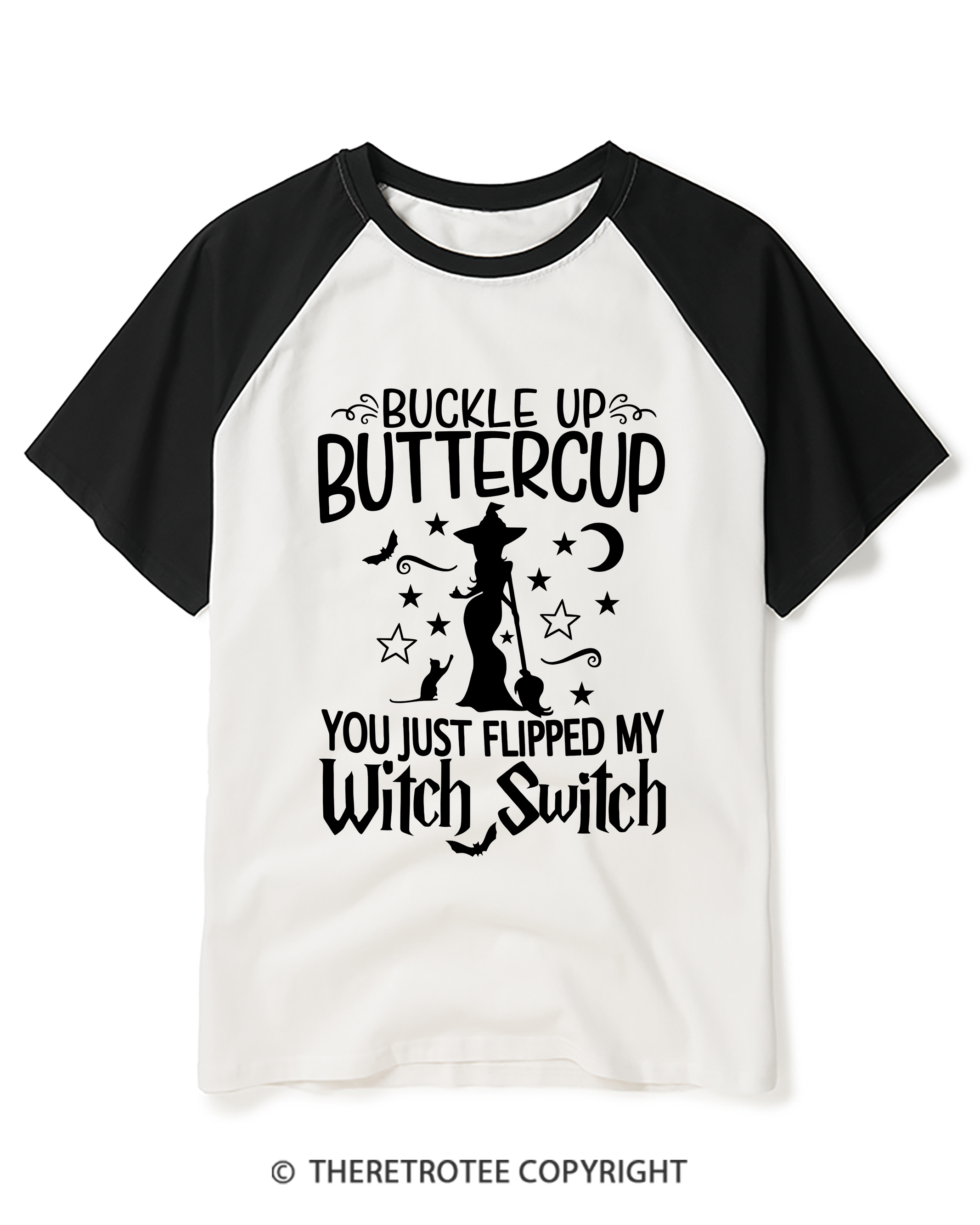TheRetroTee Buckle Up Buttercup Witch Raglan Baseball T-Shirt