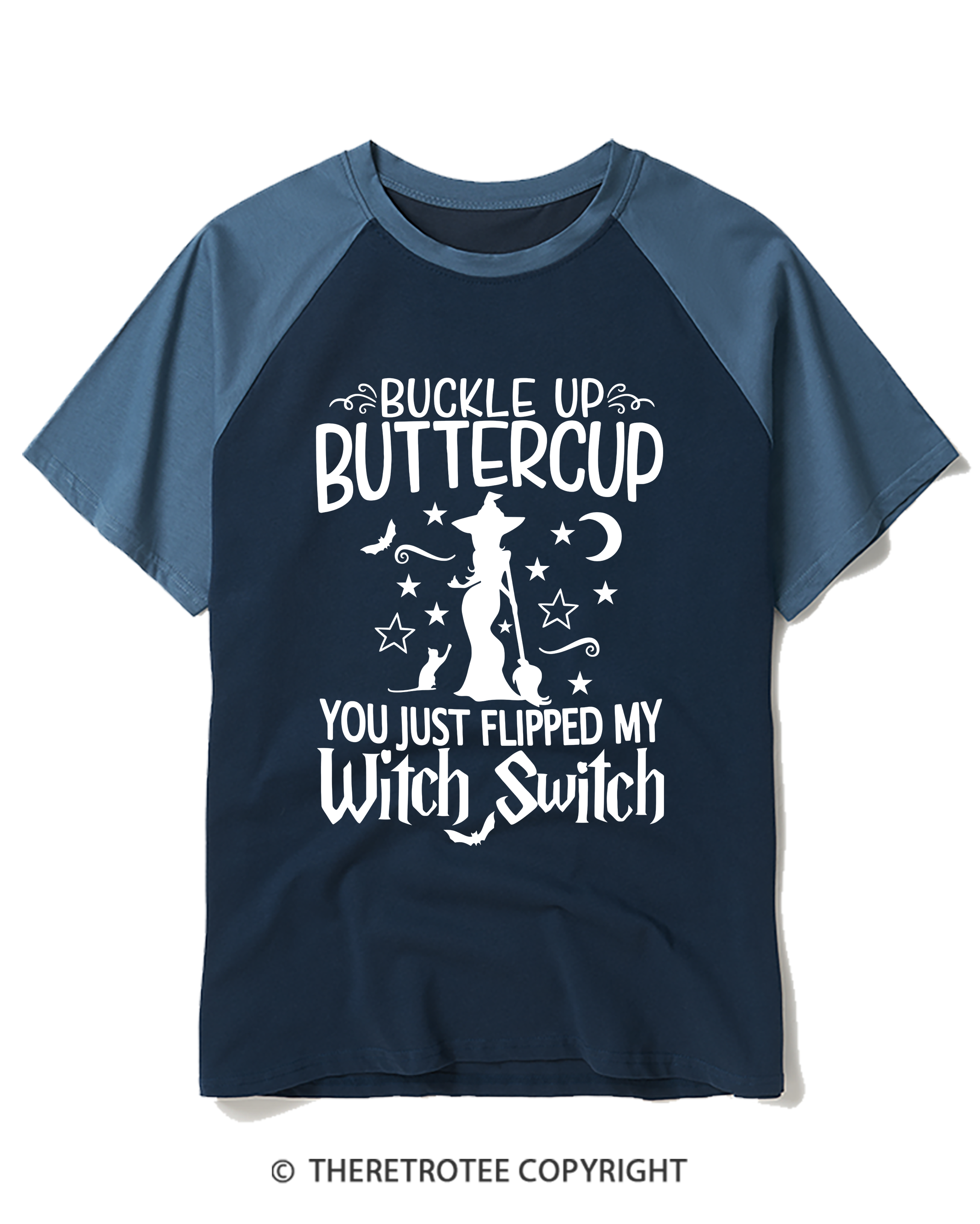TheRetroTee Buckle Up Buttercup Witch Raglan Baseball T-Shirt