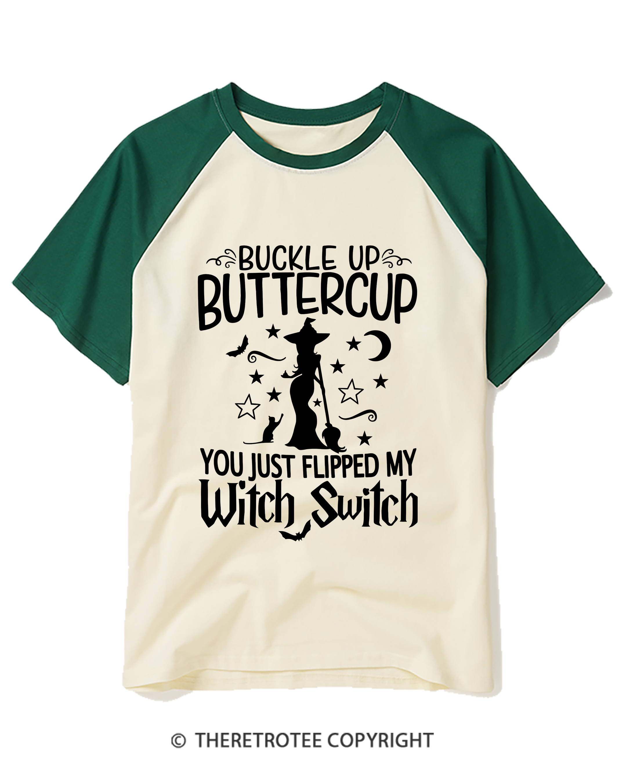 TheRetroTee Buckle Up Buttercup Witch Raglan Baseball T-Shirt