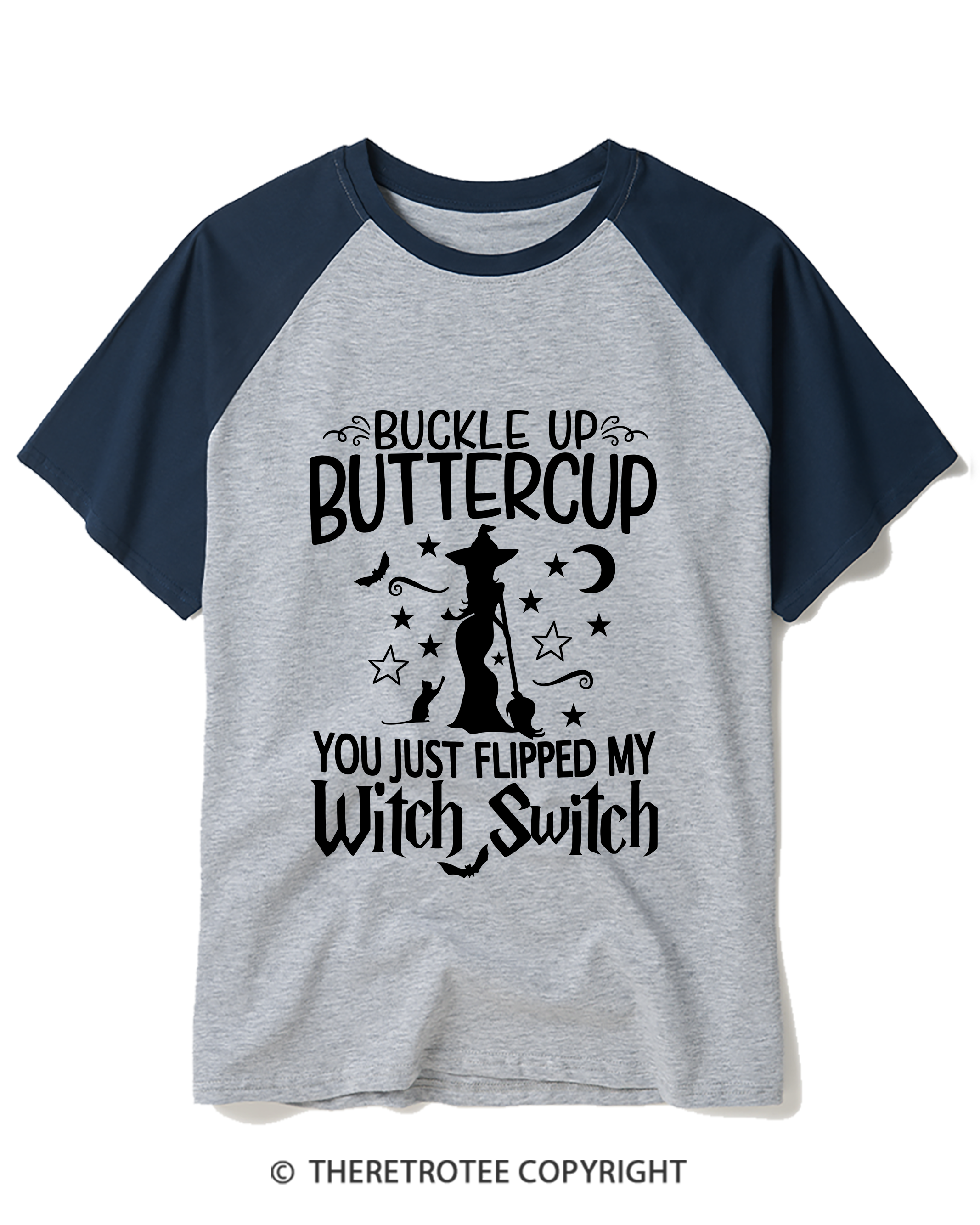 TheRetroTee Buckle Up Buttercup Witch Raglan Baseball T-Shirt