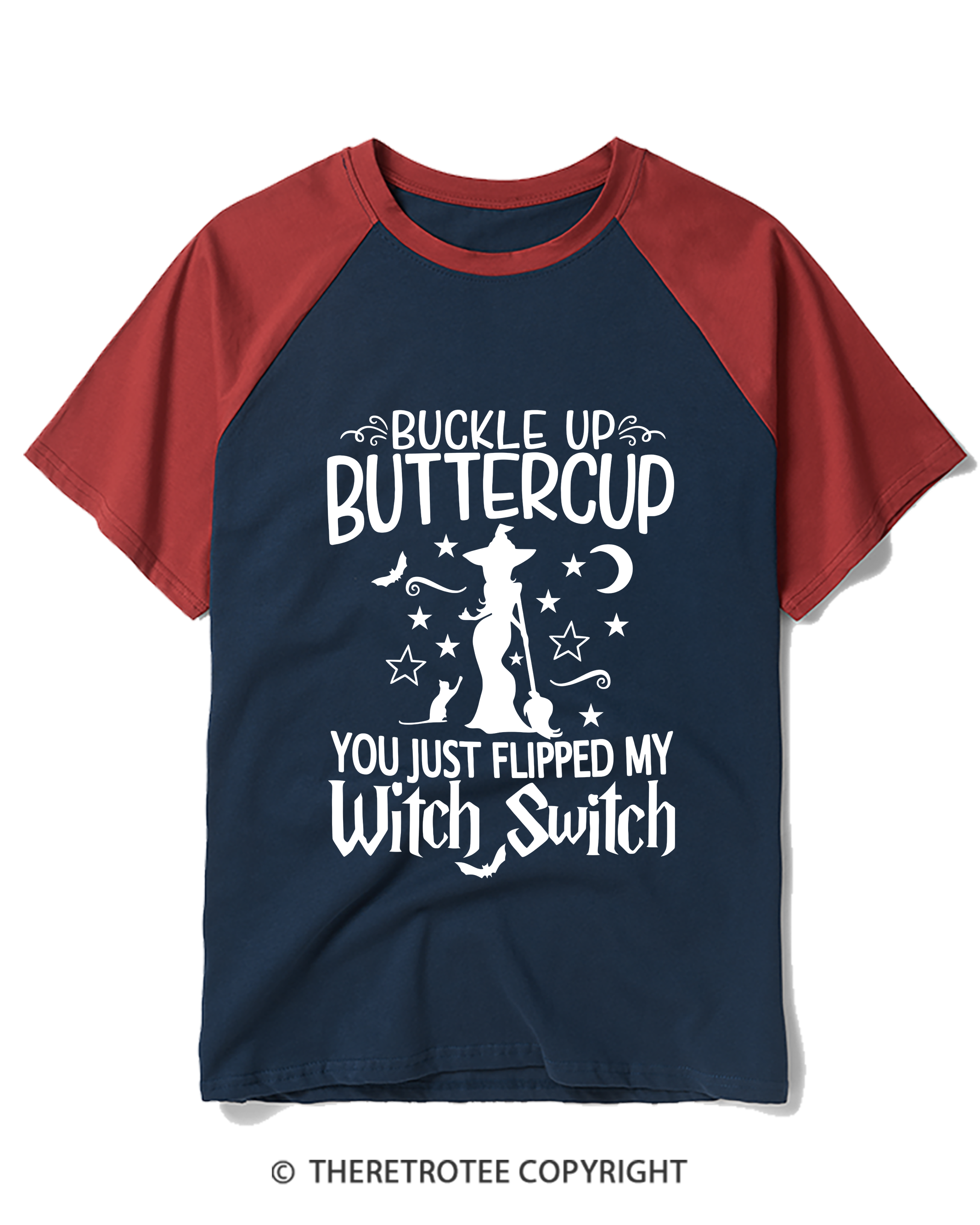 TheRetroTee Buckle Up Buttercup Witch Raglan Baseball T-Shirt