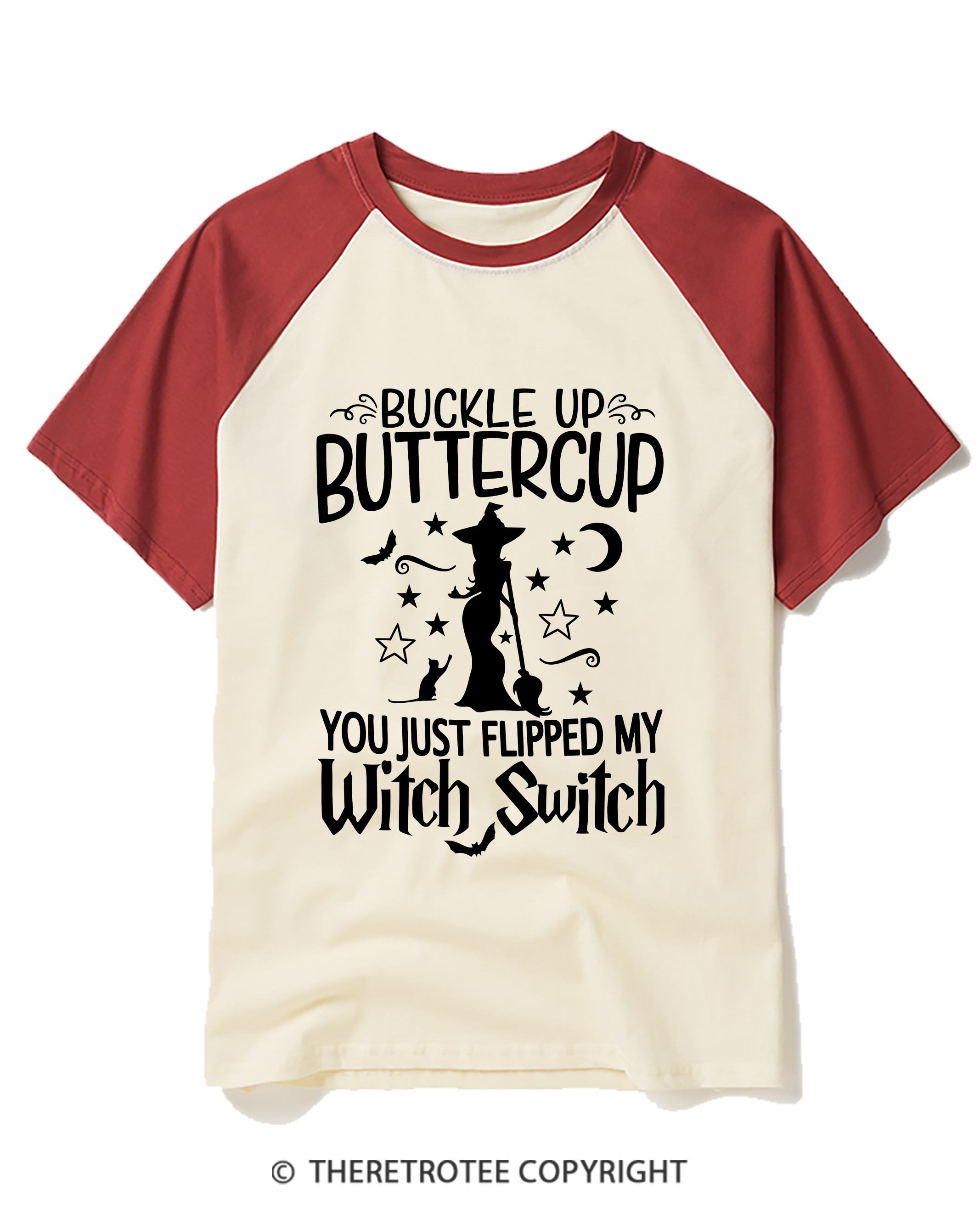 TheRetroTee Buckle Up Buttercup Witch Raglan Baseball T-Shirt