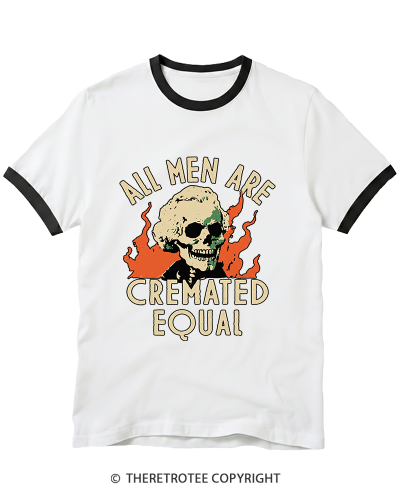 TheRetroTee All Men Are Cremated Equal 1970s Ringer T-Shirt