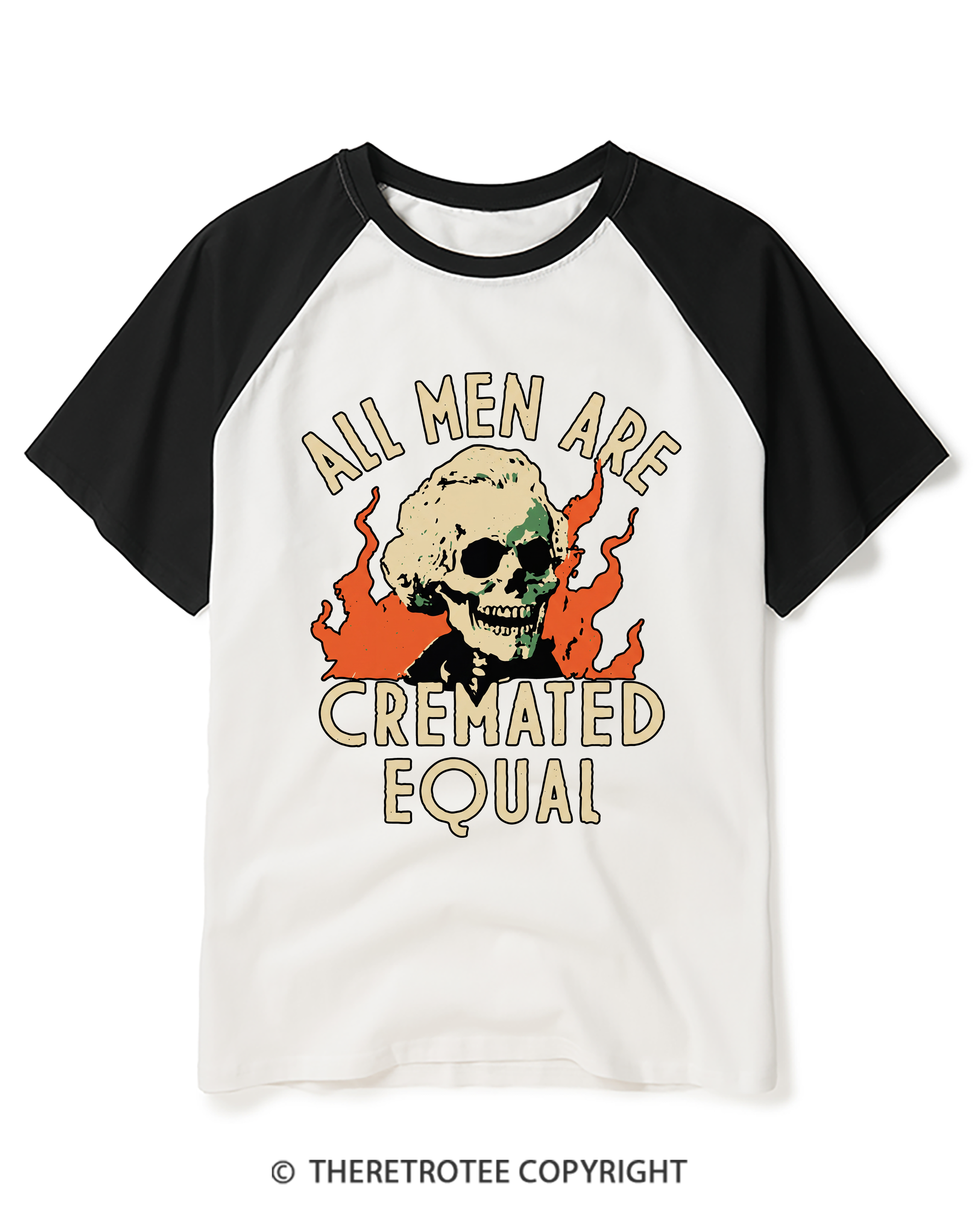 TheRetroTee All Men Are Cremated Equal 1970s Raglan Baseball T-Shirt
