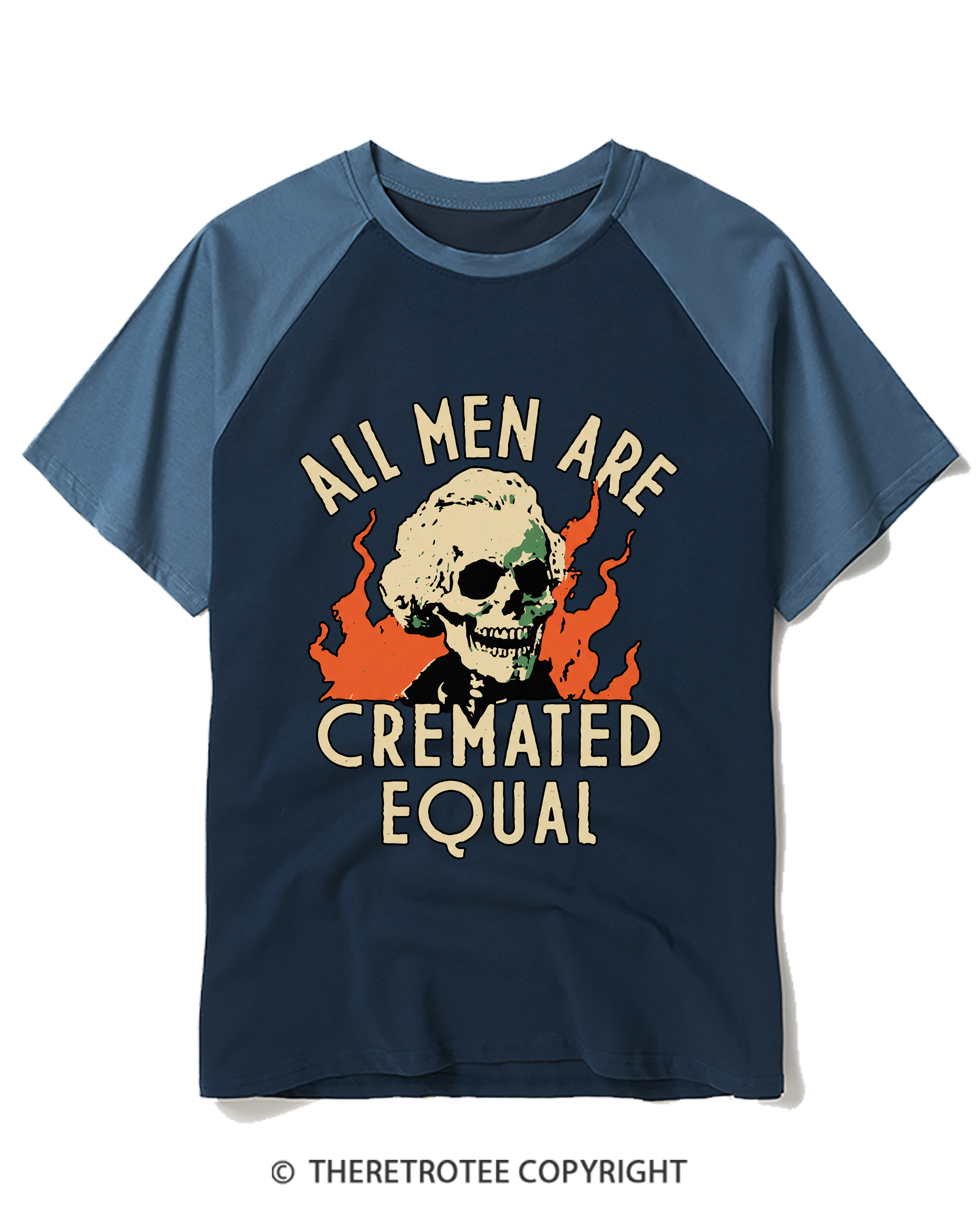 TheRetroTee All Men Are Cremated Equal 1970s Raglan Baseball T-Shirt