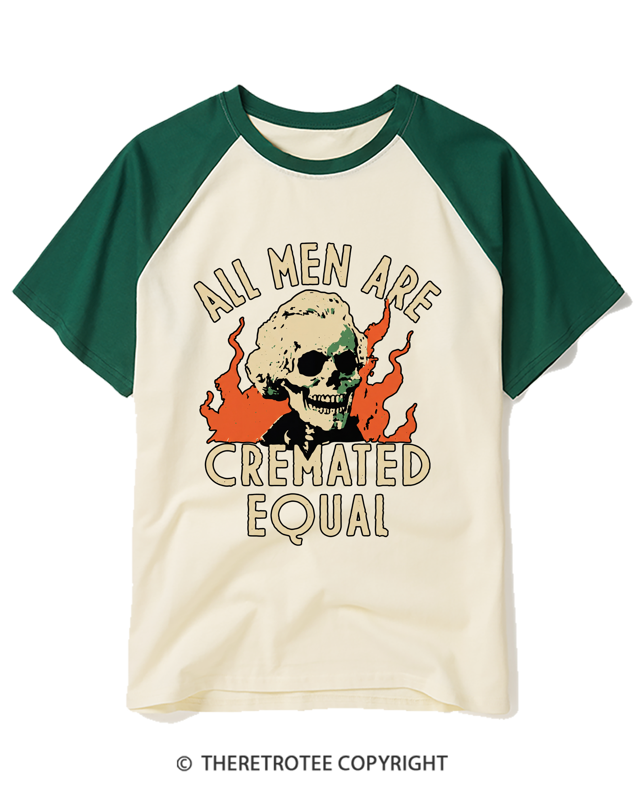 TheRetroTee All Men Are Cremated Equal 1970s Raglan Baseball T-Shirt