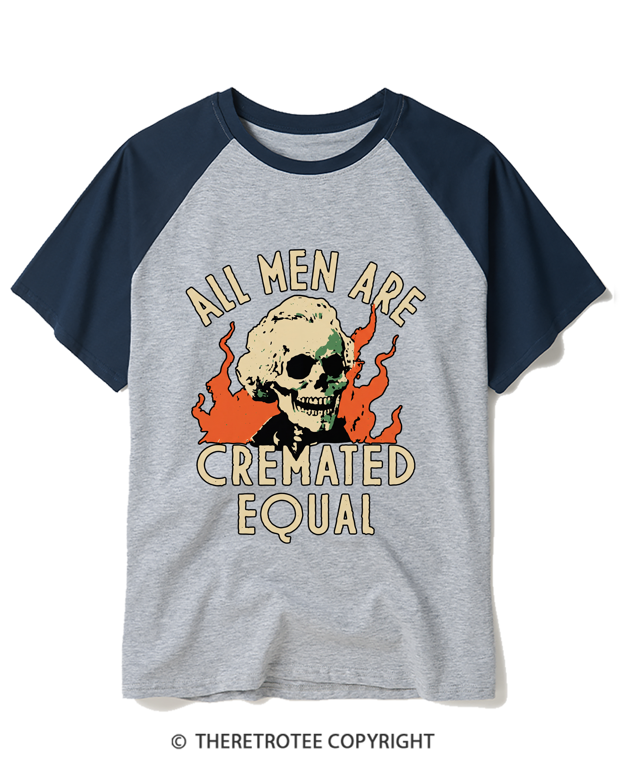 TheRetroTee All Men Are Cremated Equal 1970s Raglan Baseball T-Shirt