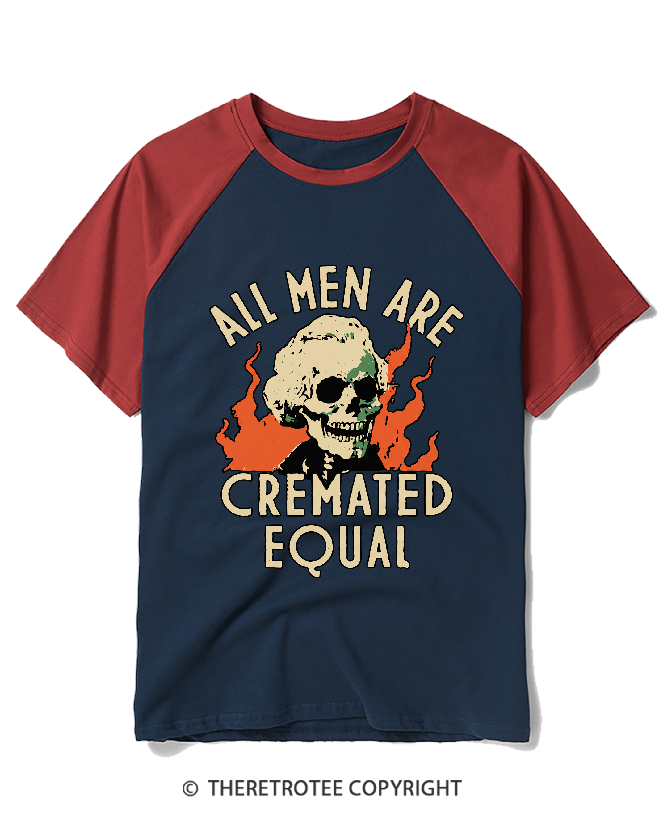 TheRetroTee All Men Are Cremated Equal 1970s Raglan Baseball T-Shirt