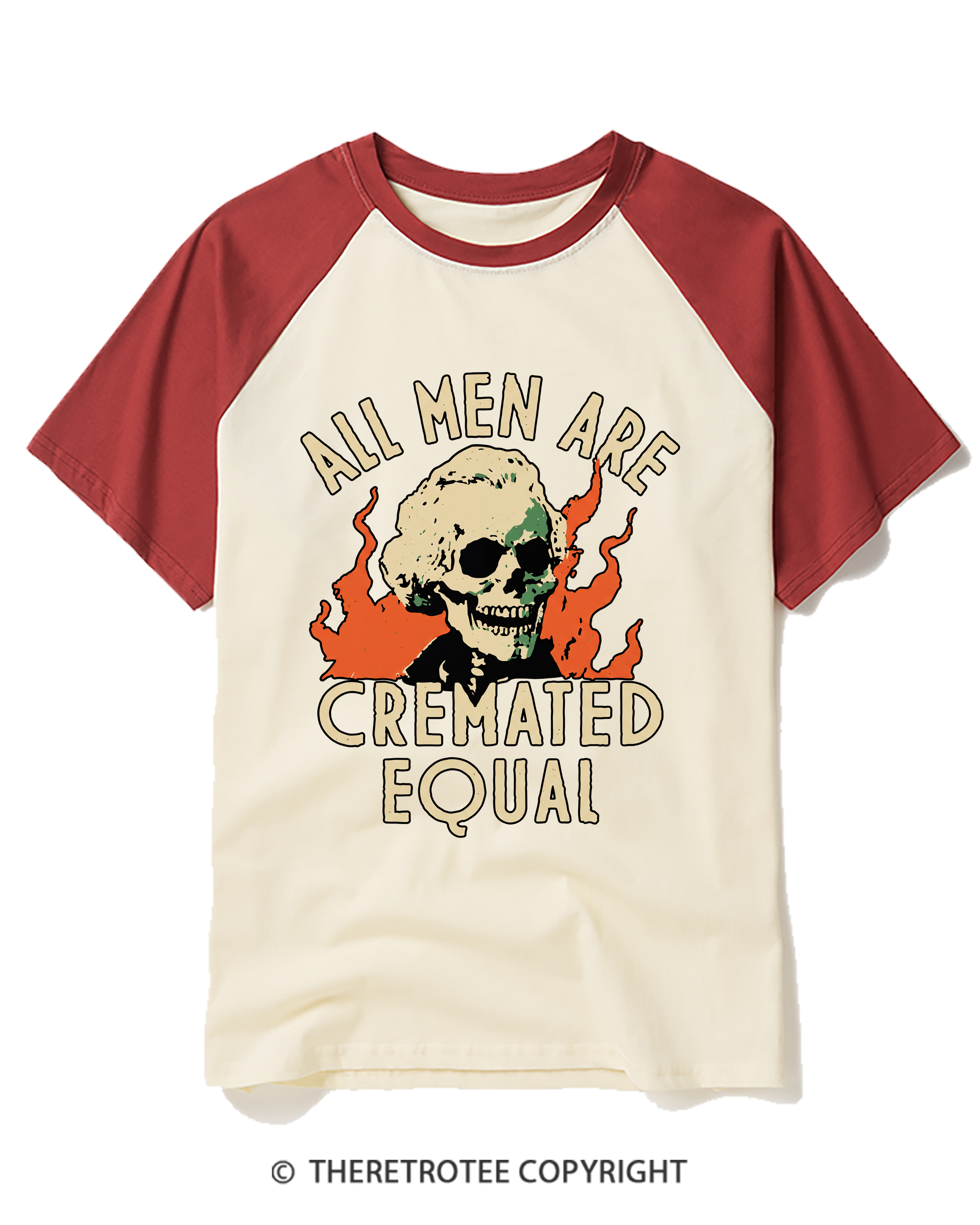 TheRetroTee All Men Are Cremated Equal 1970s Raglan Baseball T-Shirt