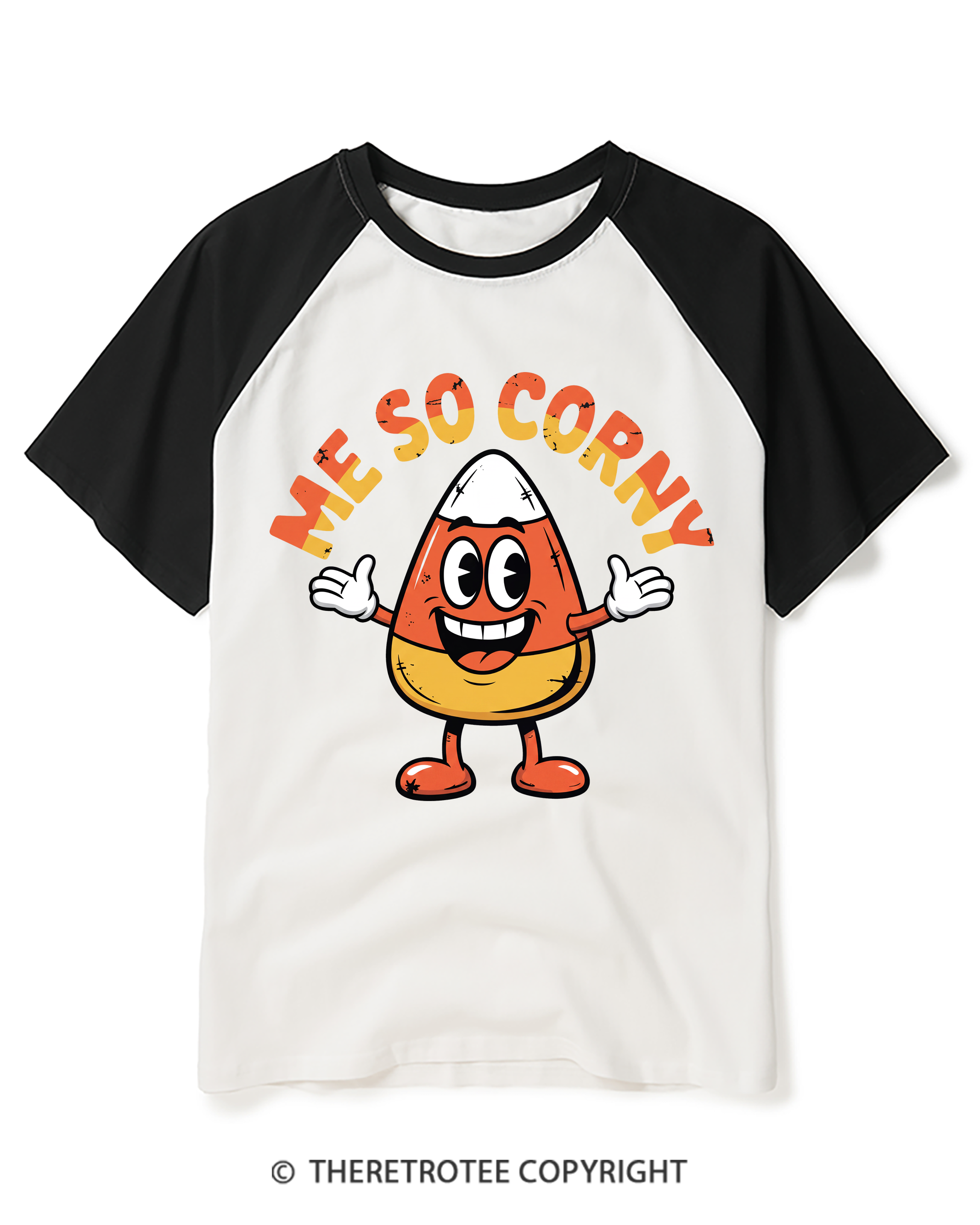 TheRetroTee Me So Corny 1980s Halloween Raglan Baseball T-Shirt