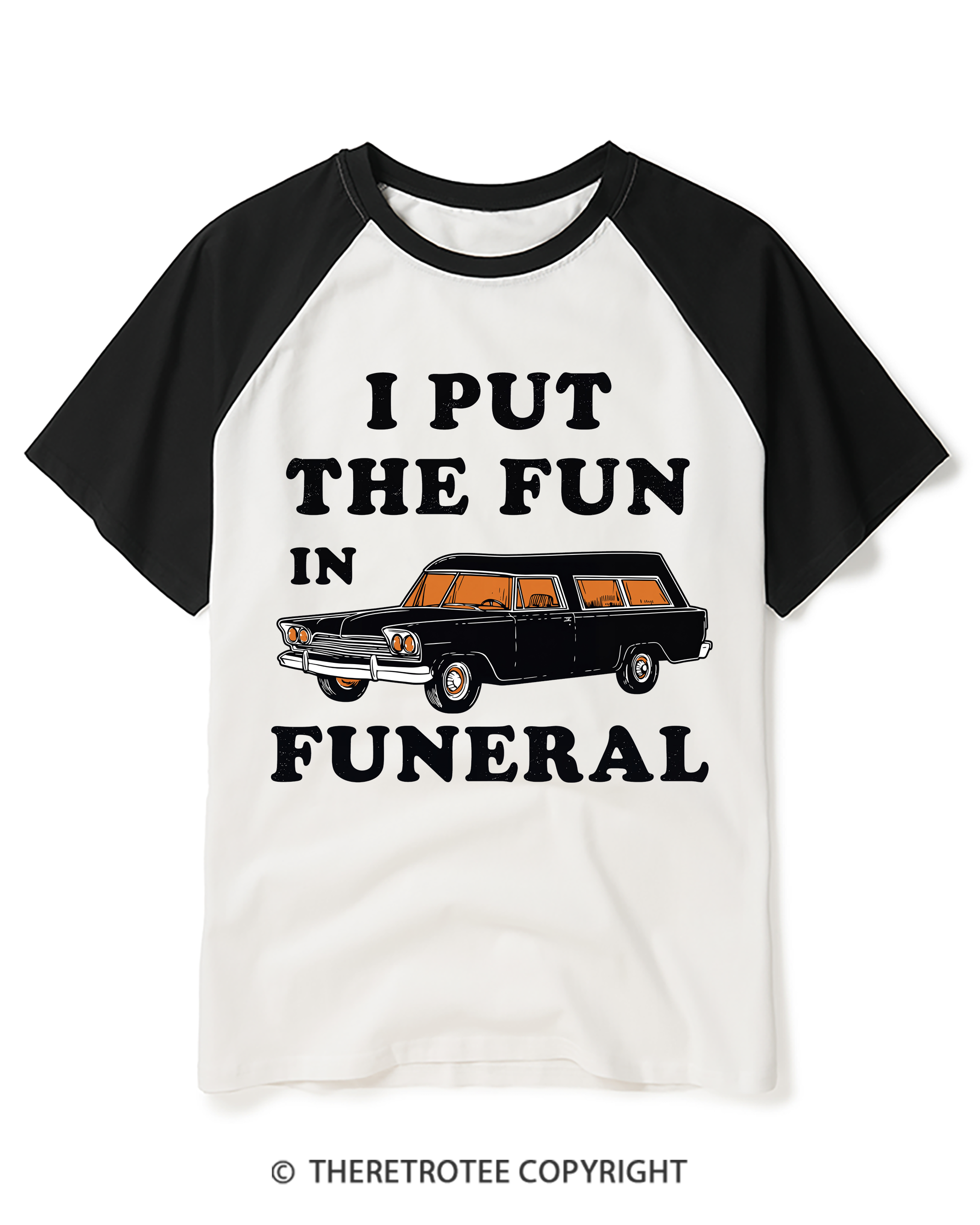 TheRetroTee I Put The Fun In Funeral 1960s Raglan Baseball T-Shirt