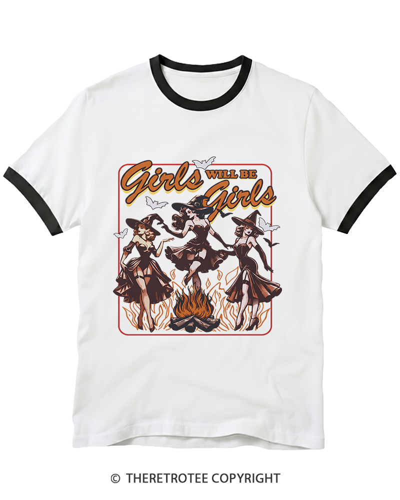 TheRetroTee Girls Will Be Girls Halloween 1940s Ringer T-Shirt