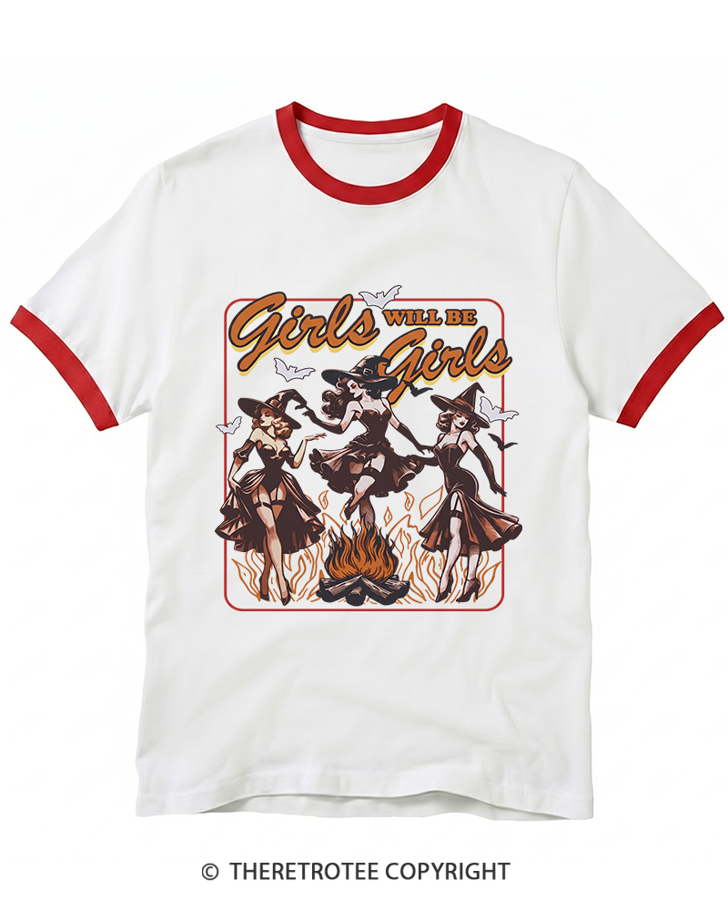 TheRetroTee Girls Will Be Girls Halloween 1940s Ringer T-Shirt