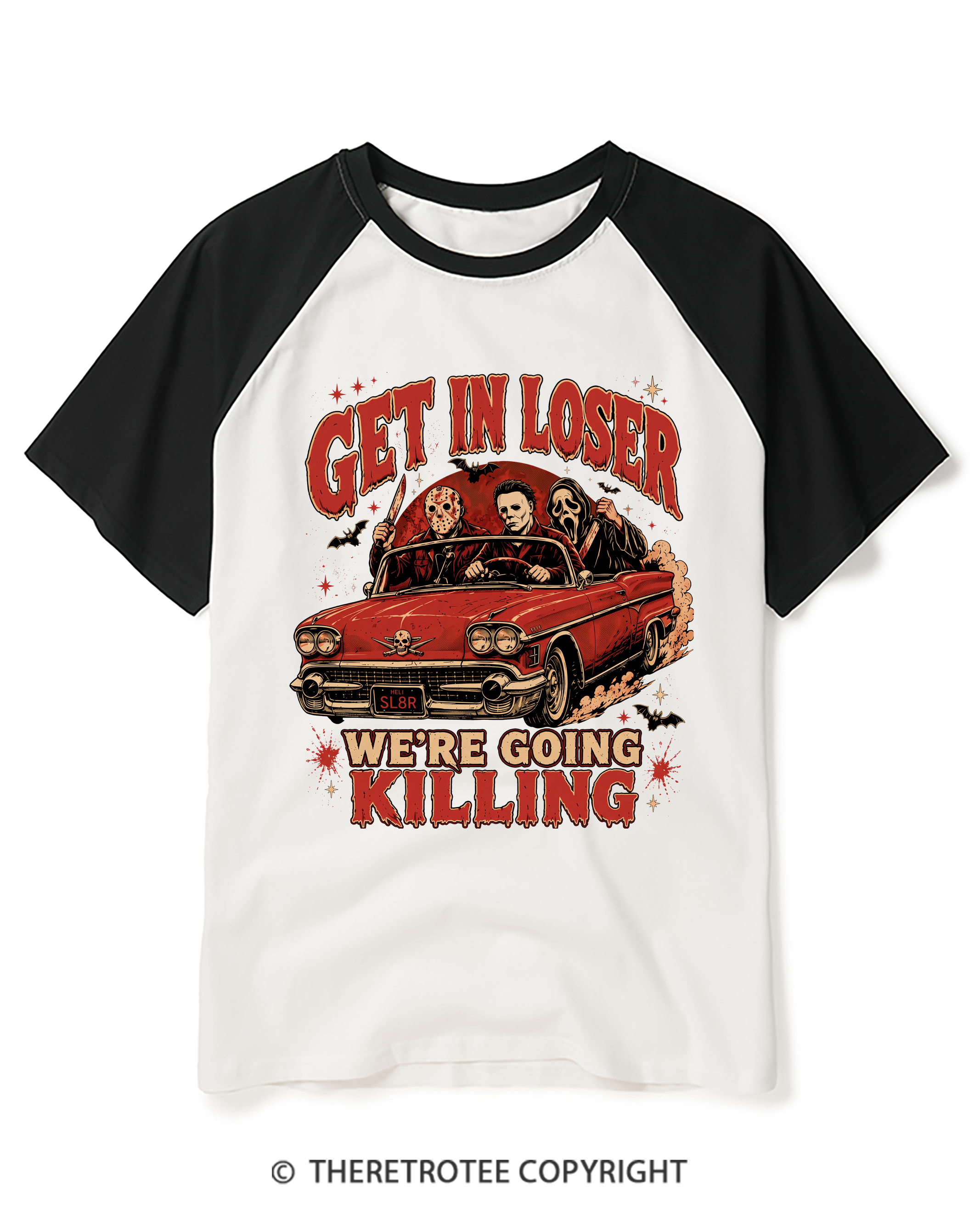 TheRetroTee Get In Loser Halloween 1980s Raglan Baseball T-Shirt
