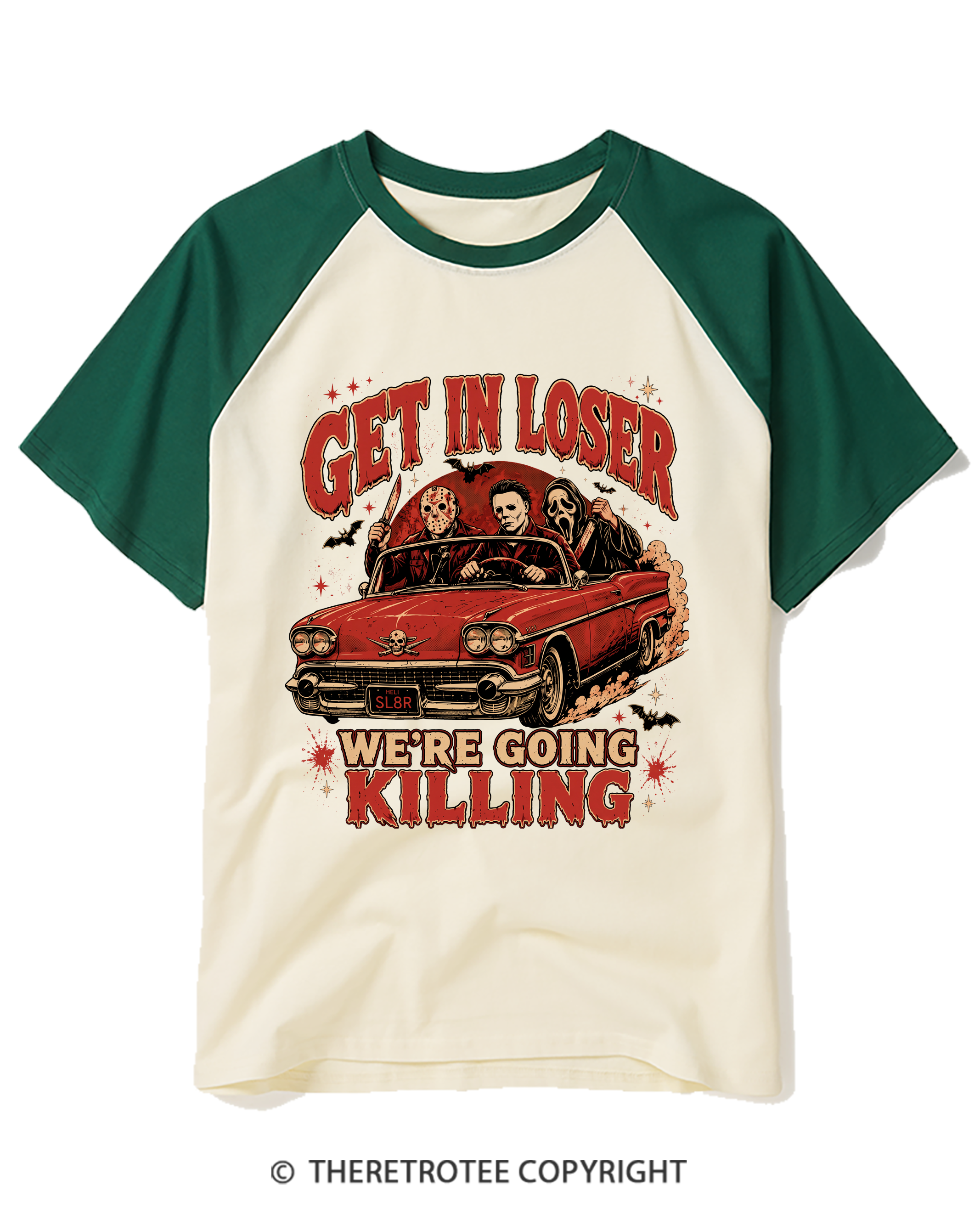 TheRetroTee Get In Loser Halloween 1980s Raglan Baseball T-Shirt