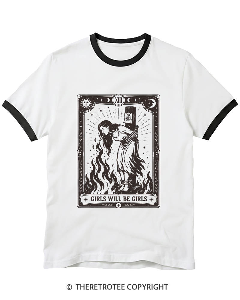 TheRetroTee Girls Will Be Girls Witch With Sigarete 1960s Ringer T-Shirt