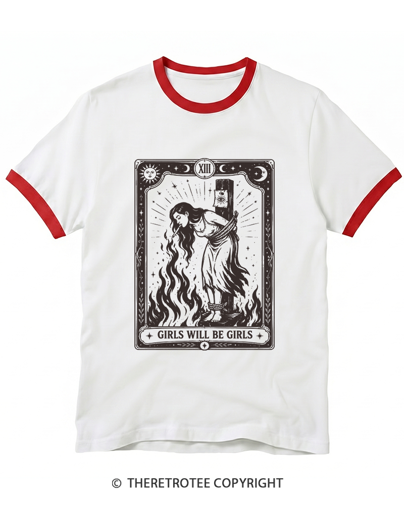 TheRetroTee Girls Will Be Girls Witch With Sigarete 1960s Ringer T-Shirt
