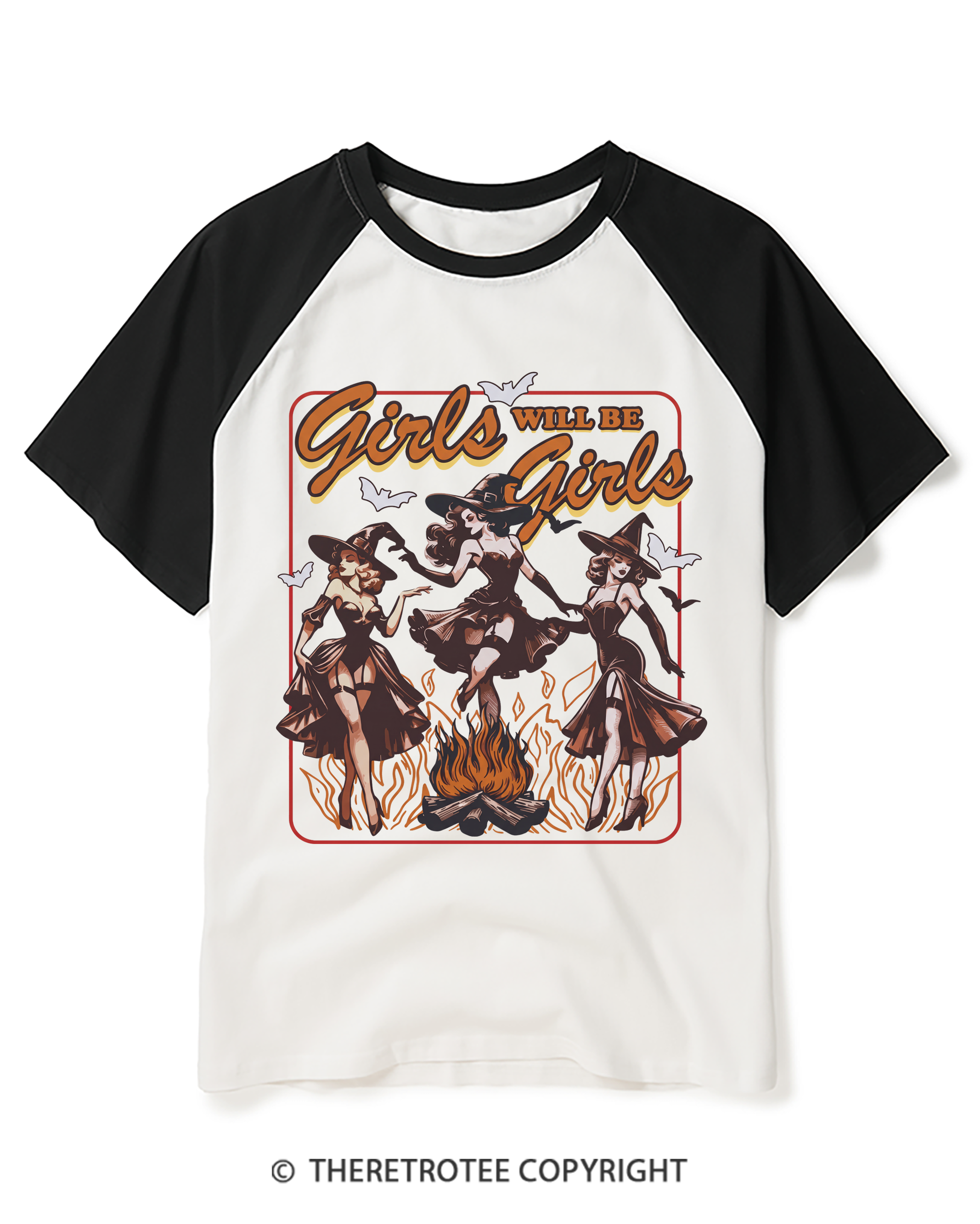 TheRetroTee Girls Will Be Girls Halloween 1940s Halloween Raglan Baseball T-Shirt