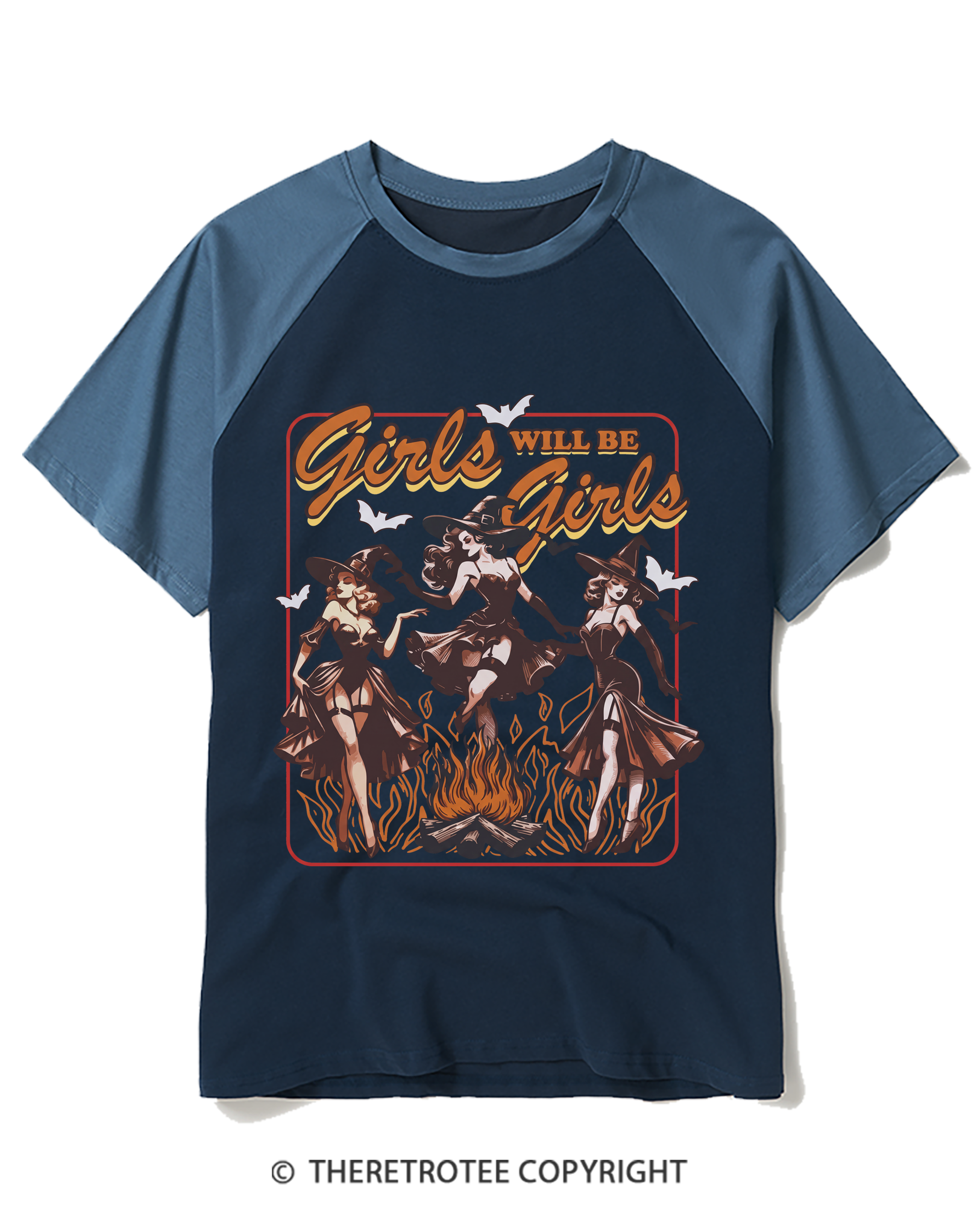 TheRetroTee Girls Will Be Girls Halloween 1940s Halloween Raglan Baseball T-Shirt