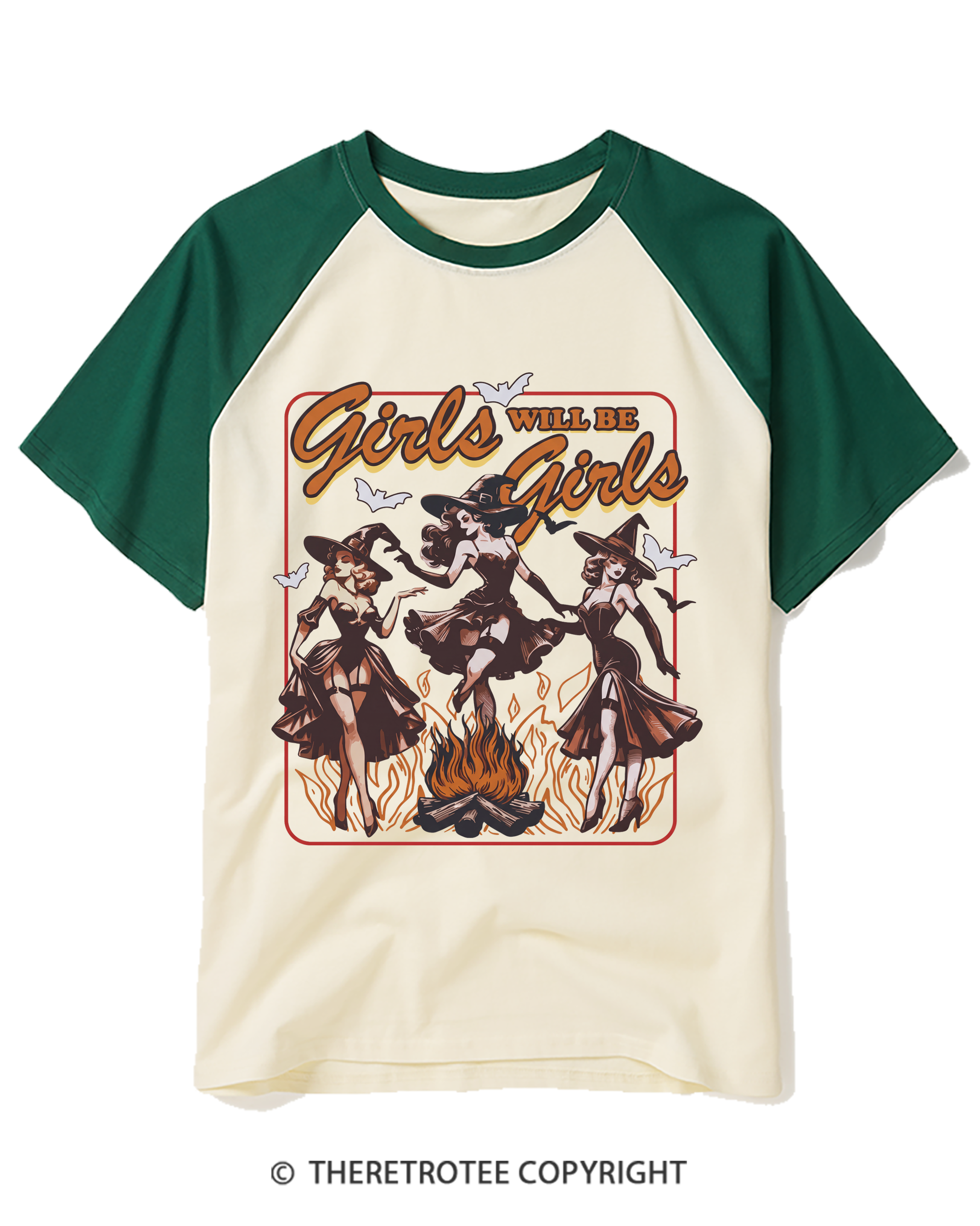 TheRetroTee Girls Will Be Girls Halloween 1940s Halloween Raglan Baseball T-Shirt