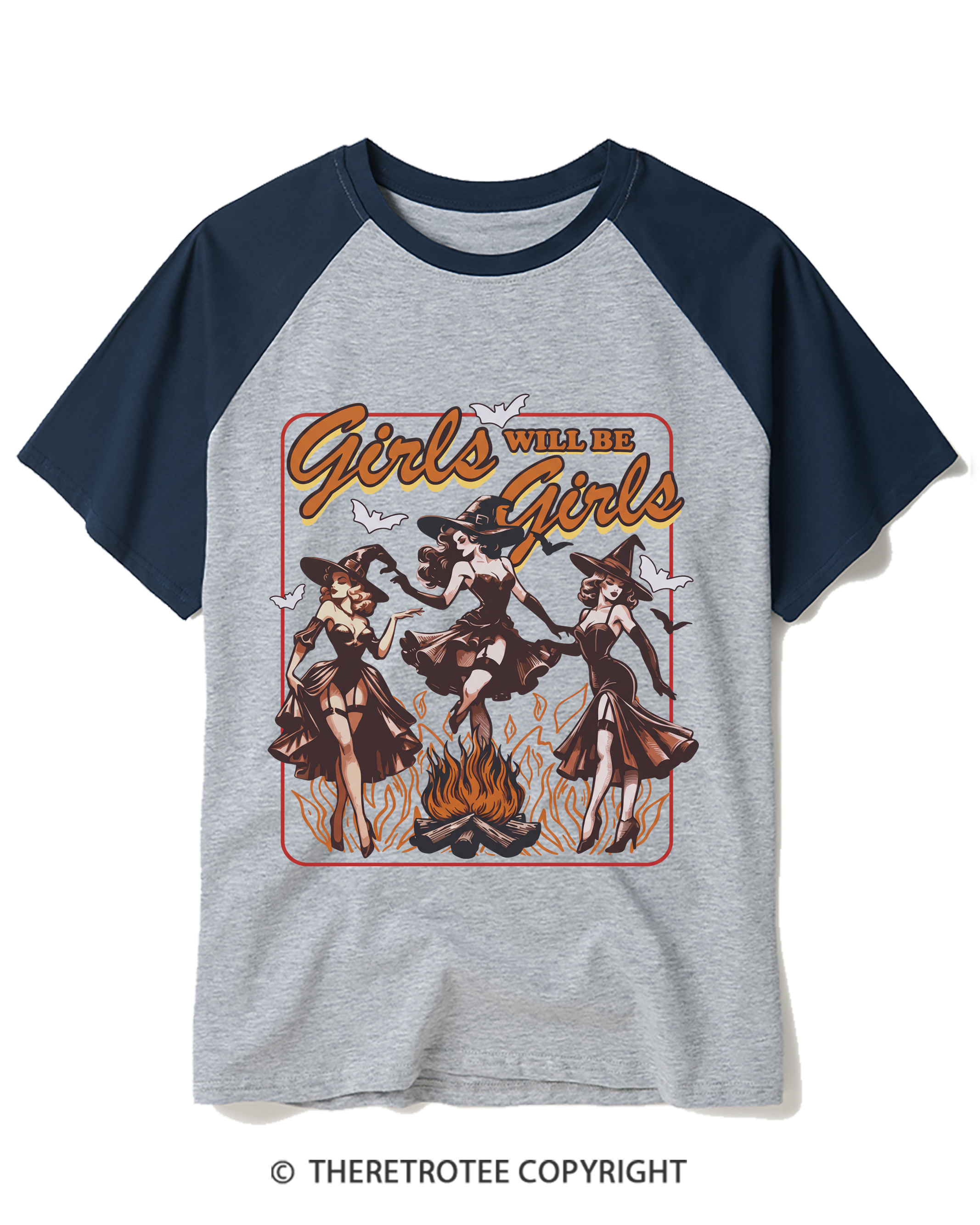 TheRetroTee Girls Will Be Girls Halloween 1940s Halloween Raglan Baseball T-Shirt