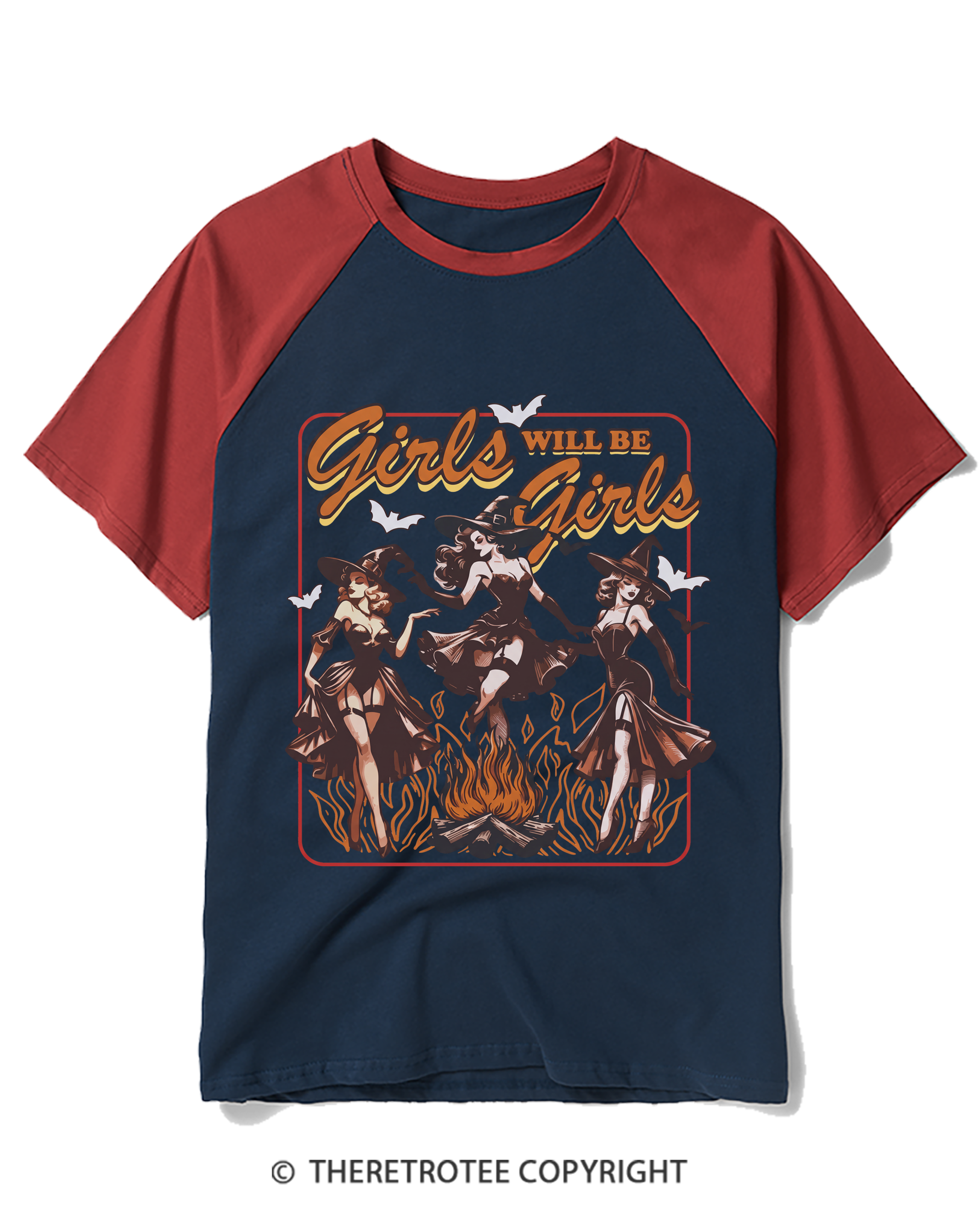 TheRetroTee Girls Will Be Girls Halloween 1940s Halloween Raglan Baseball T-Shirt