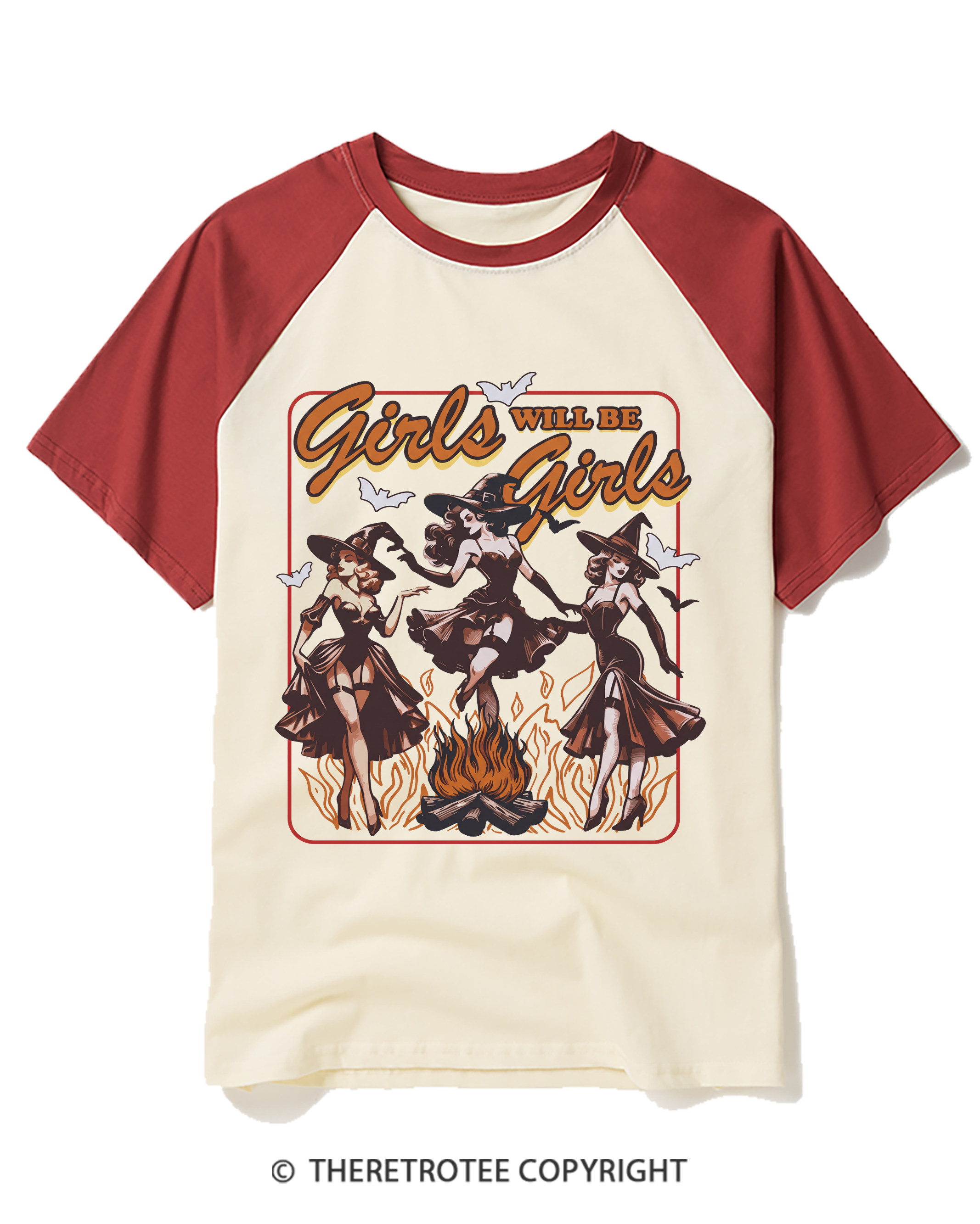 TheRetroTee Girls Will Be Girls Halloween 1940s Halloween Raglan Baseball T-Shirt