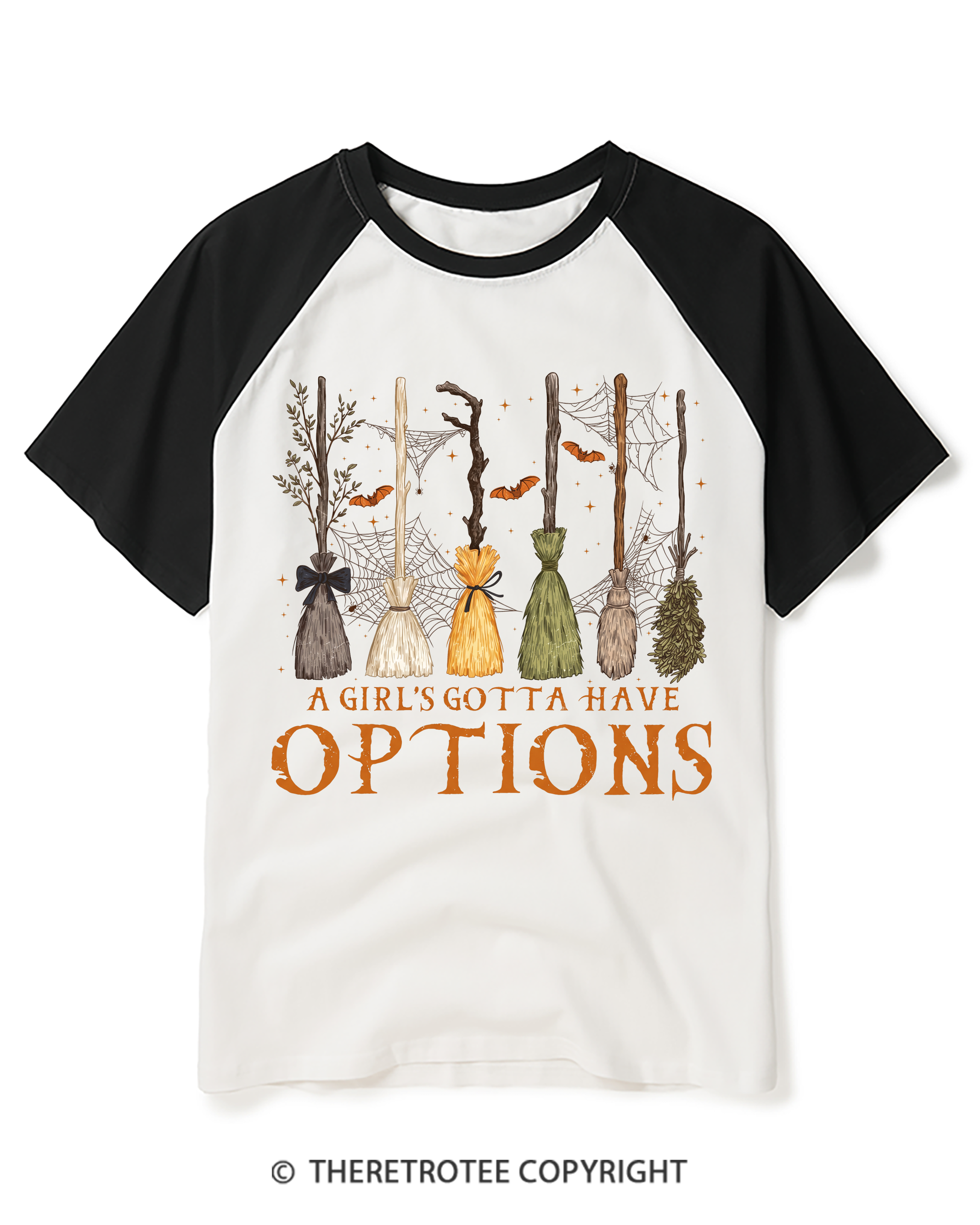 TheRetroTee A Girl Gotta Have Options 1980s Halloween Raglan Baseball T-Shirt