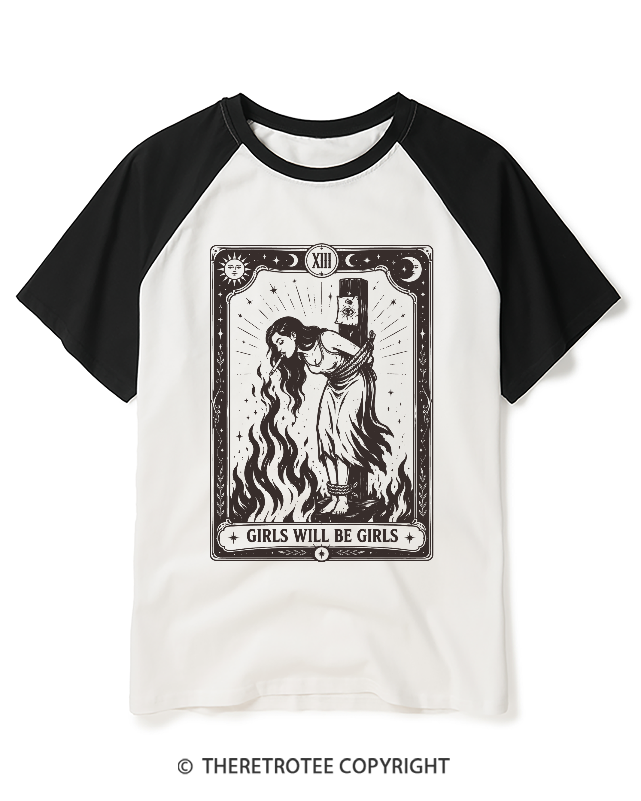 TheRetroTee Girls Will Be Girls Witch With Sigarete 1960s Raglan Baseball T-Shirt