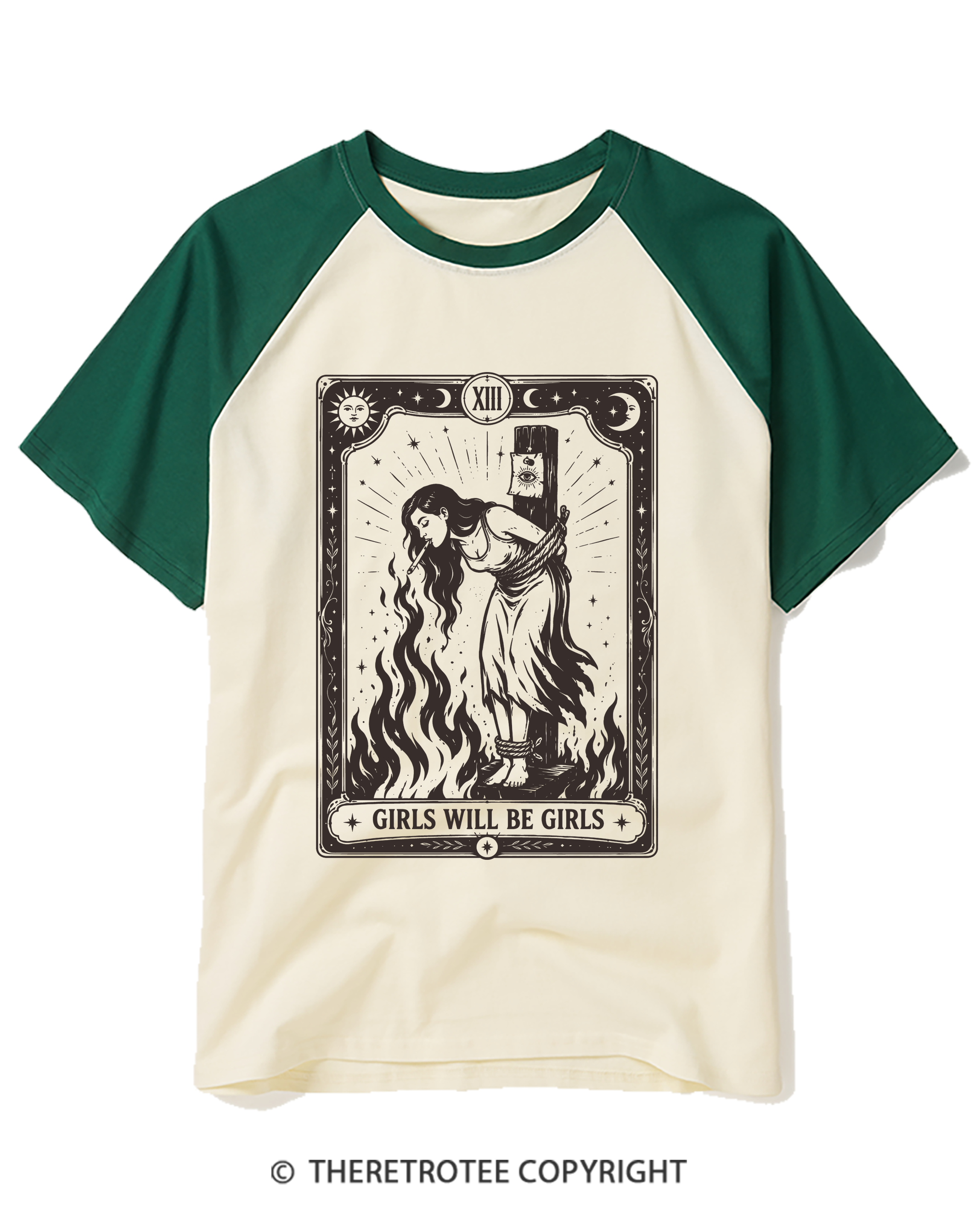 TheRetroTee Girls Will Be Girls Witch With Sigarete 1960s Raglan Baseball T-Shirt