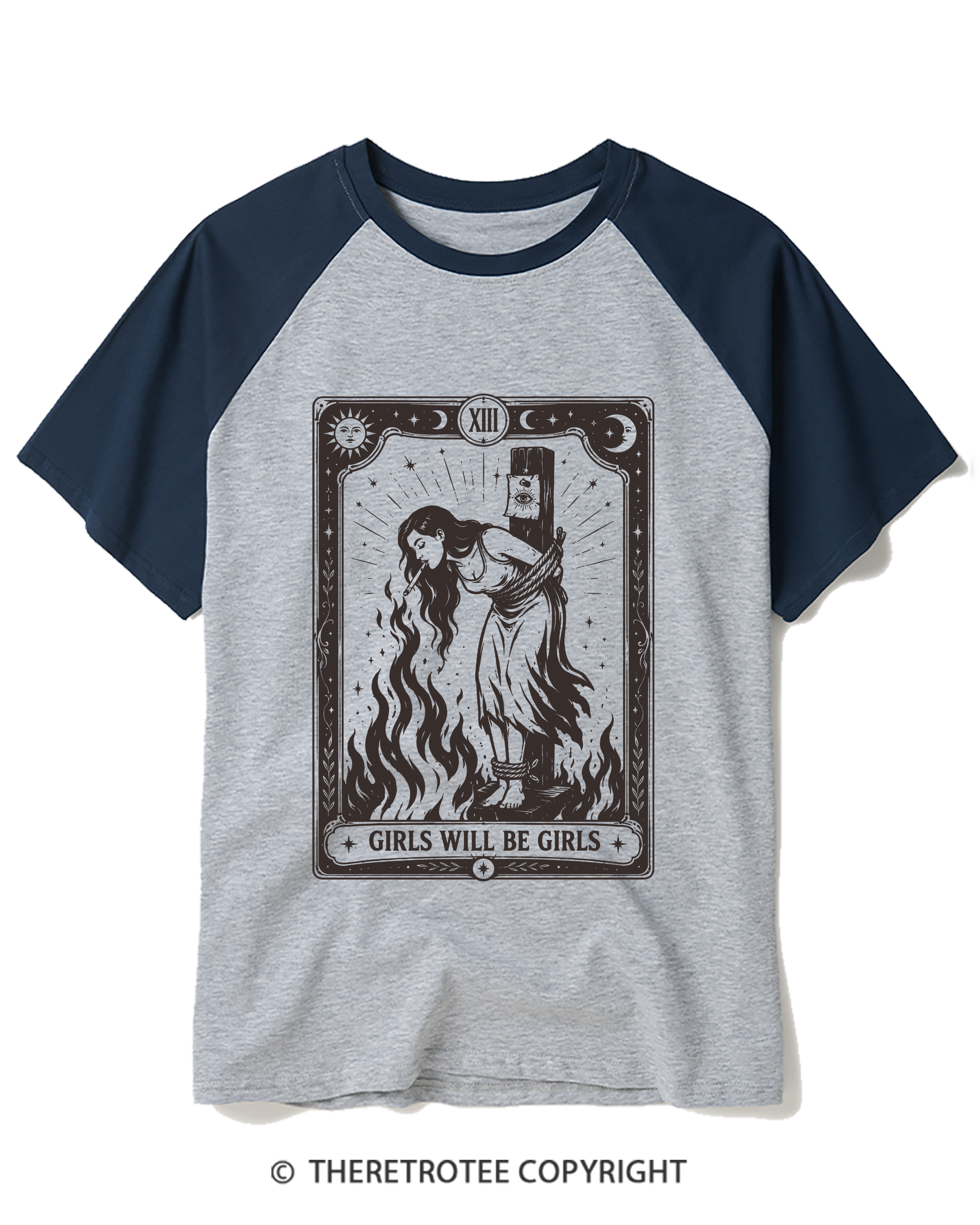 TheRetroTee Girls Will Be Girls Witch With Sigarete 1960s Raglan Baseball T-Shirt