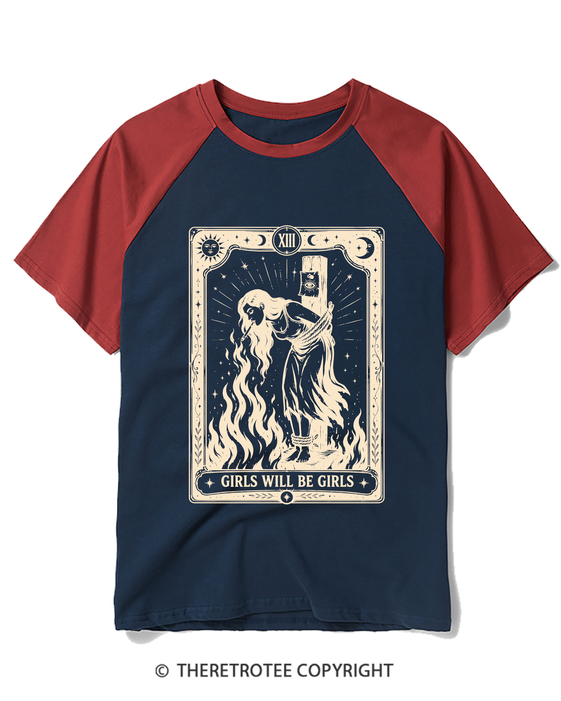 TheRetroTee Girls Will Be Girls Witch With Sigarete 1960s Raglan Baseball T-Shirt