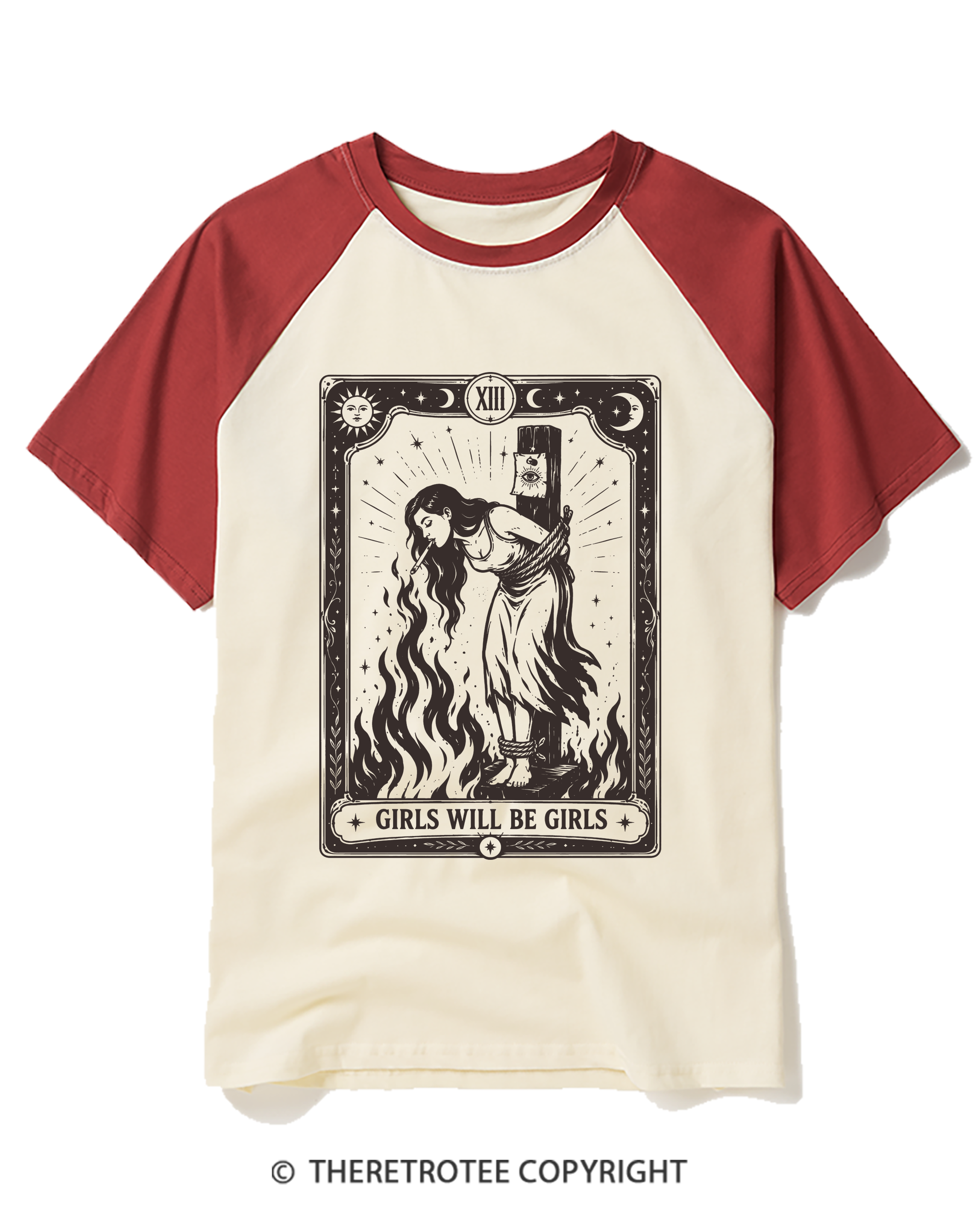 TheRetroTee Girls Will Be Girls Witch With Sigarete 1960s Raglan Baseball T-Shirt