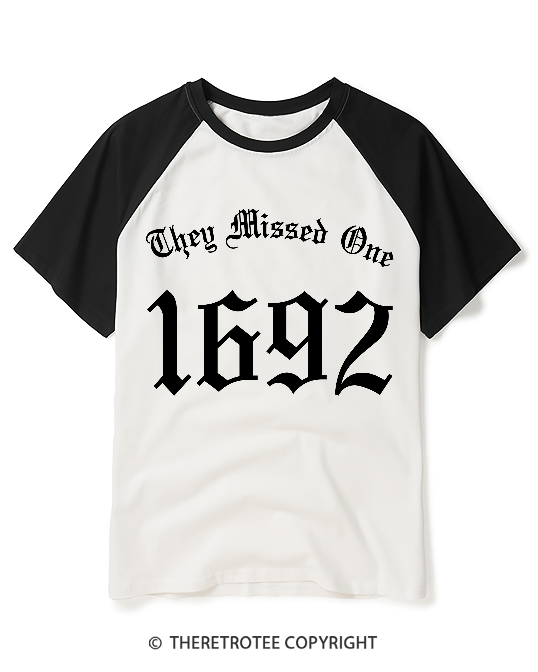 TheRetroTee Salem Witch Shirt 1692 They Missed One 1950s Raglan Baseball T-Shirt