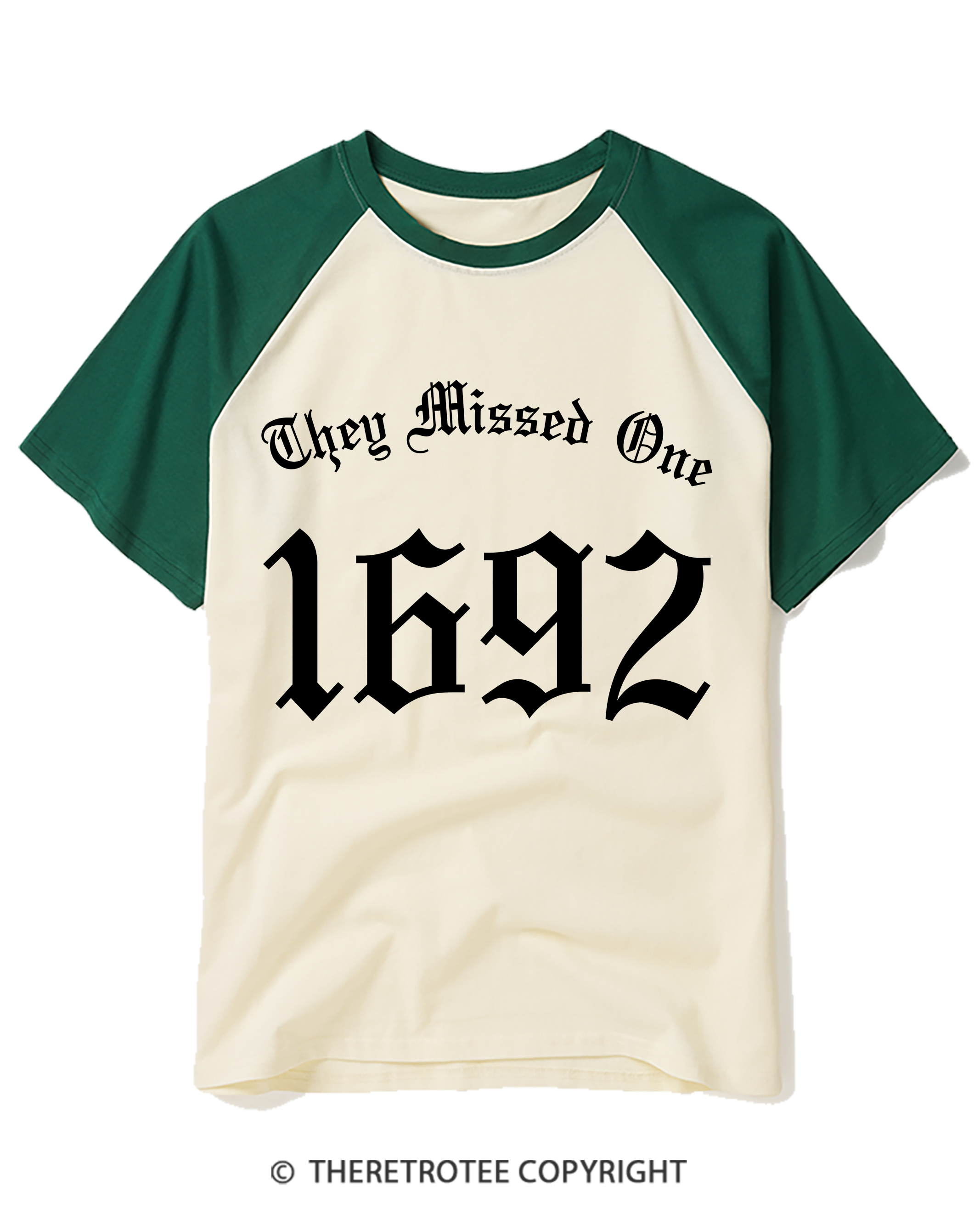 TheRetroTee Salem Witch Shirt 1692 They Missed One 1950s Raglan Baseball T-Shirt