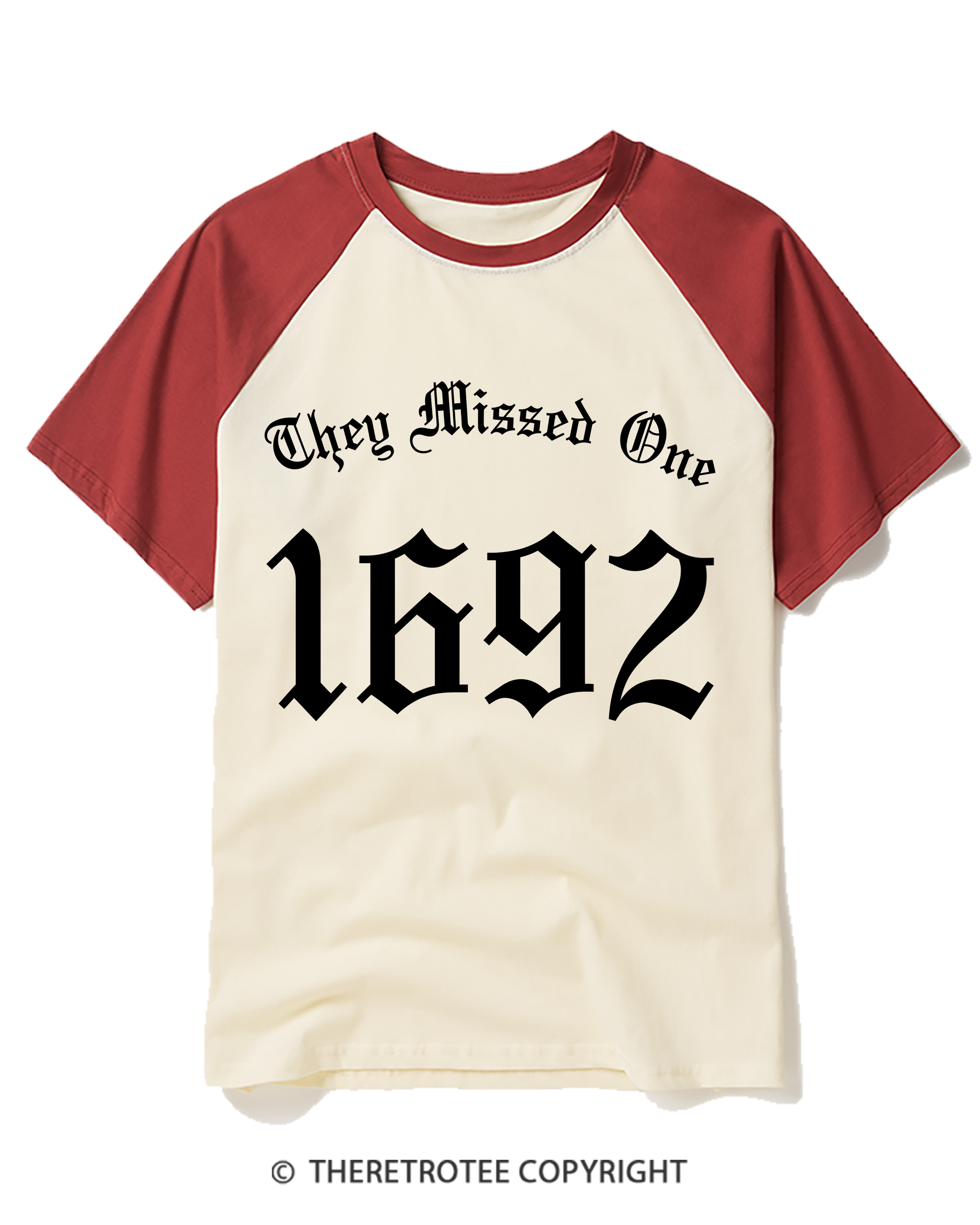 TheRetroTee Salem Witch Shirt 1692 They Missed One 1950s Raglan Baseball T-Shirt
