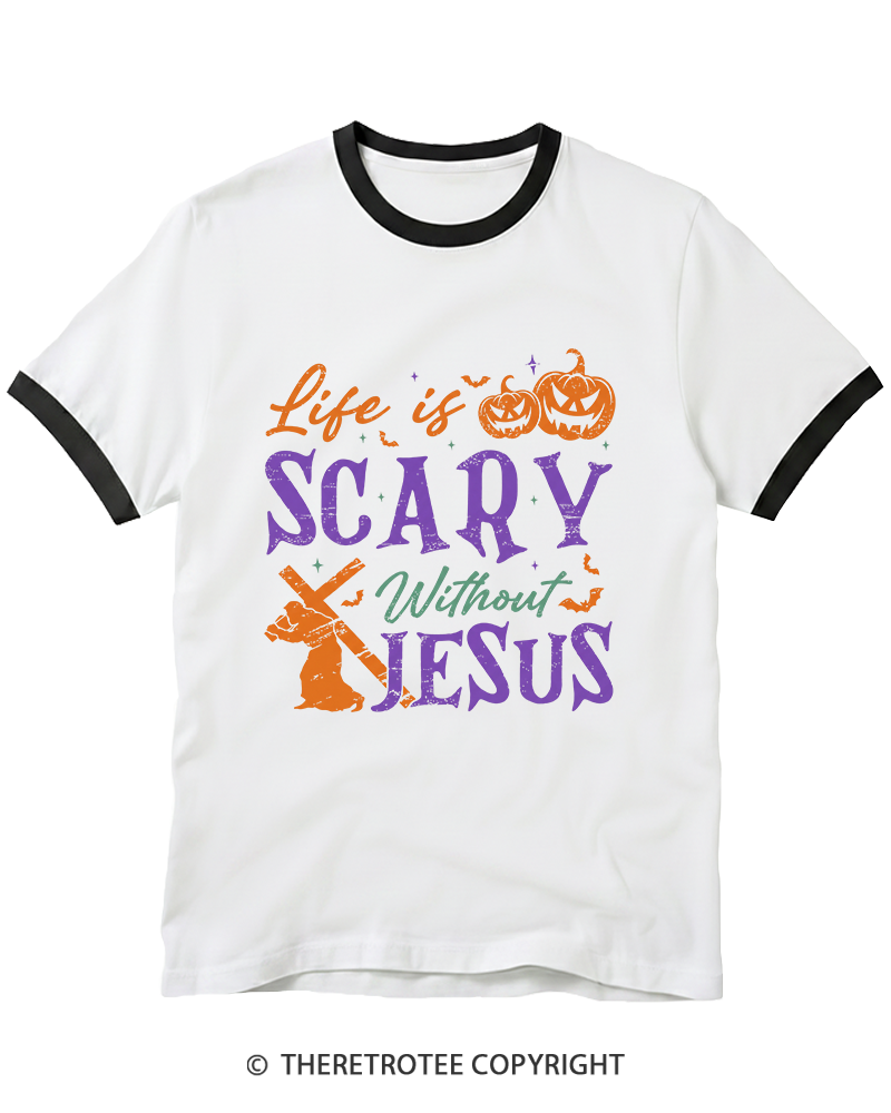 TheRetroTee Life Is Scary Without Jesus 1990s Ringer T-Shirt