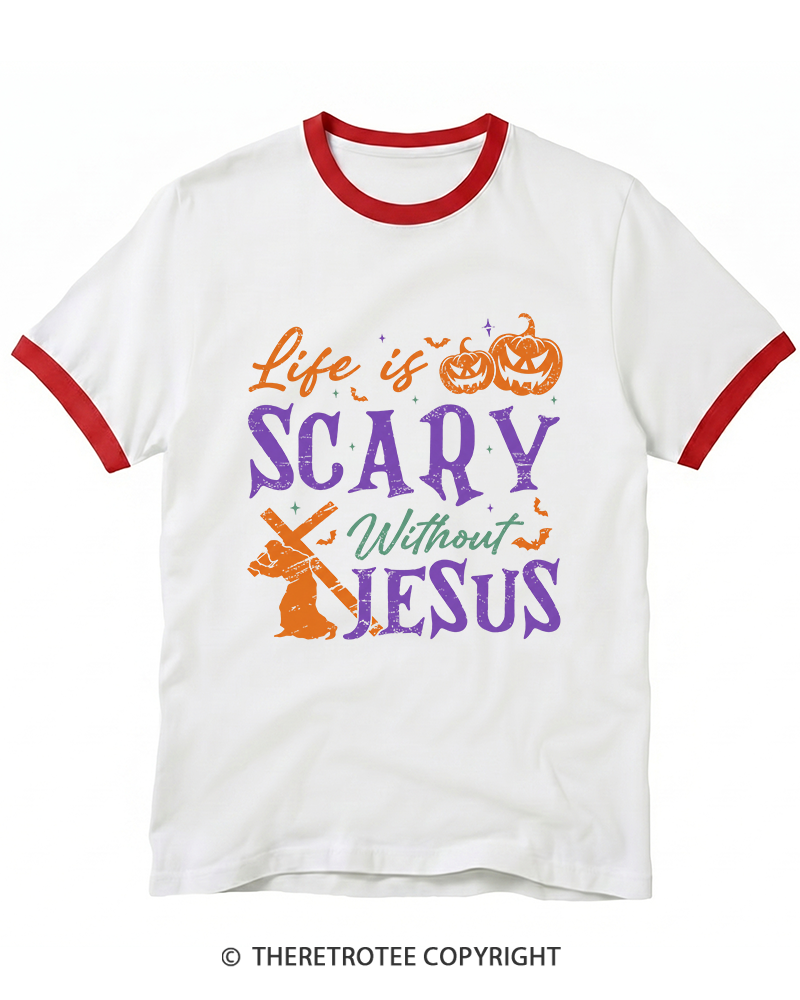 TheRetroTee Life Is Scary Without Jesus 1990s Ringer T-Shirt