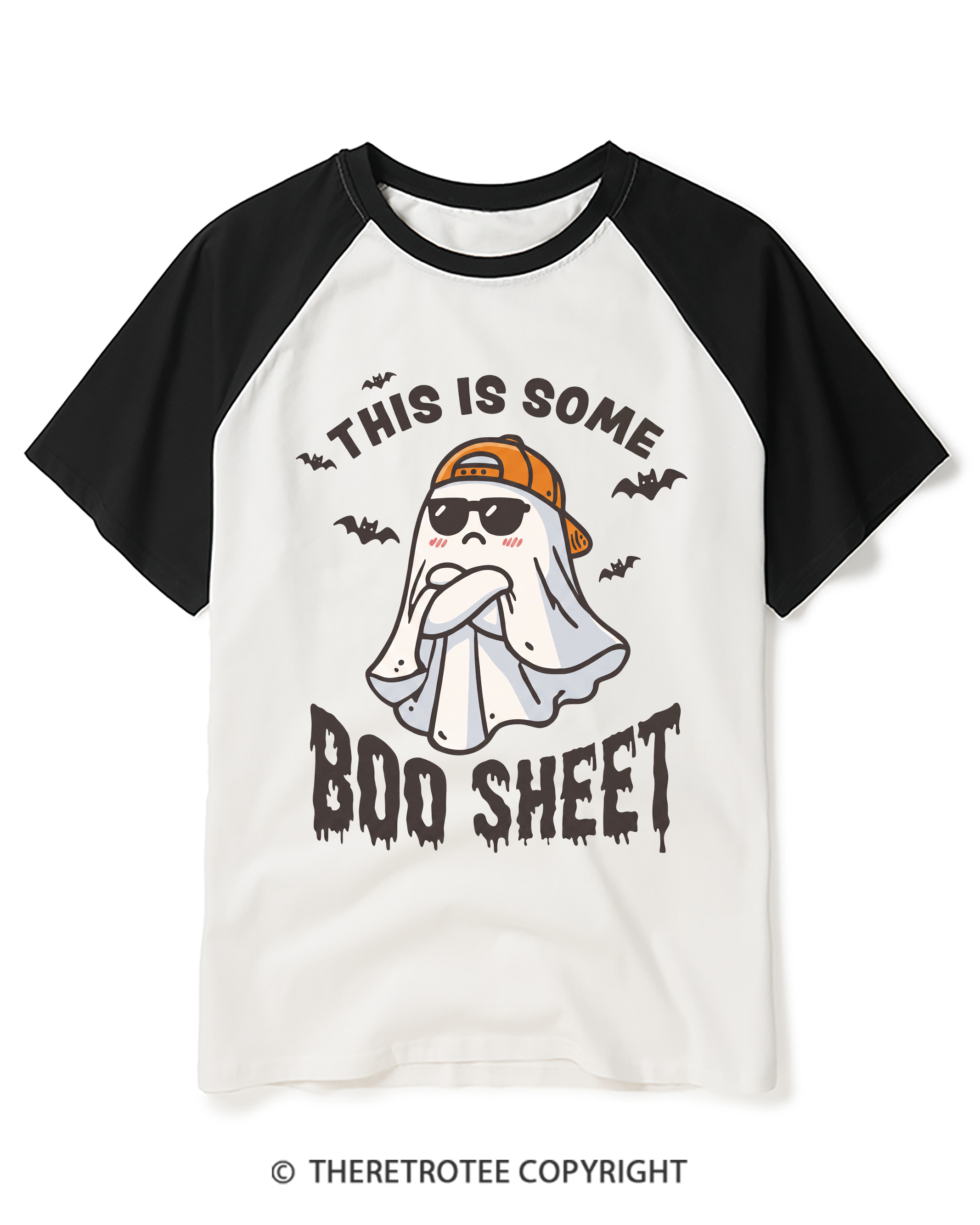 TheRetroTee Boo Sheet 1990s Raglan Baseball T-Shirt