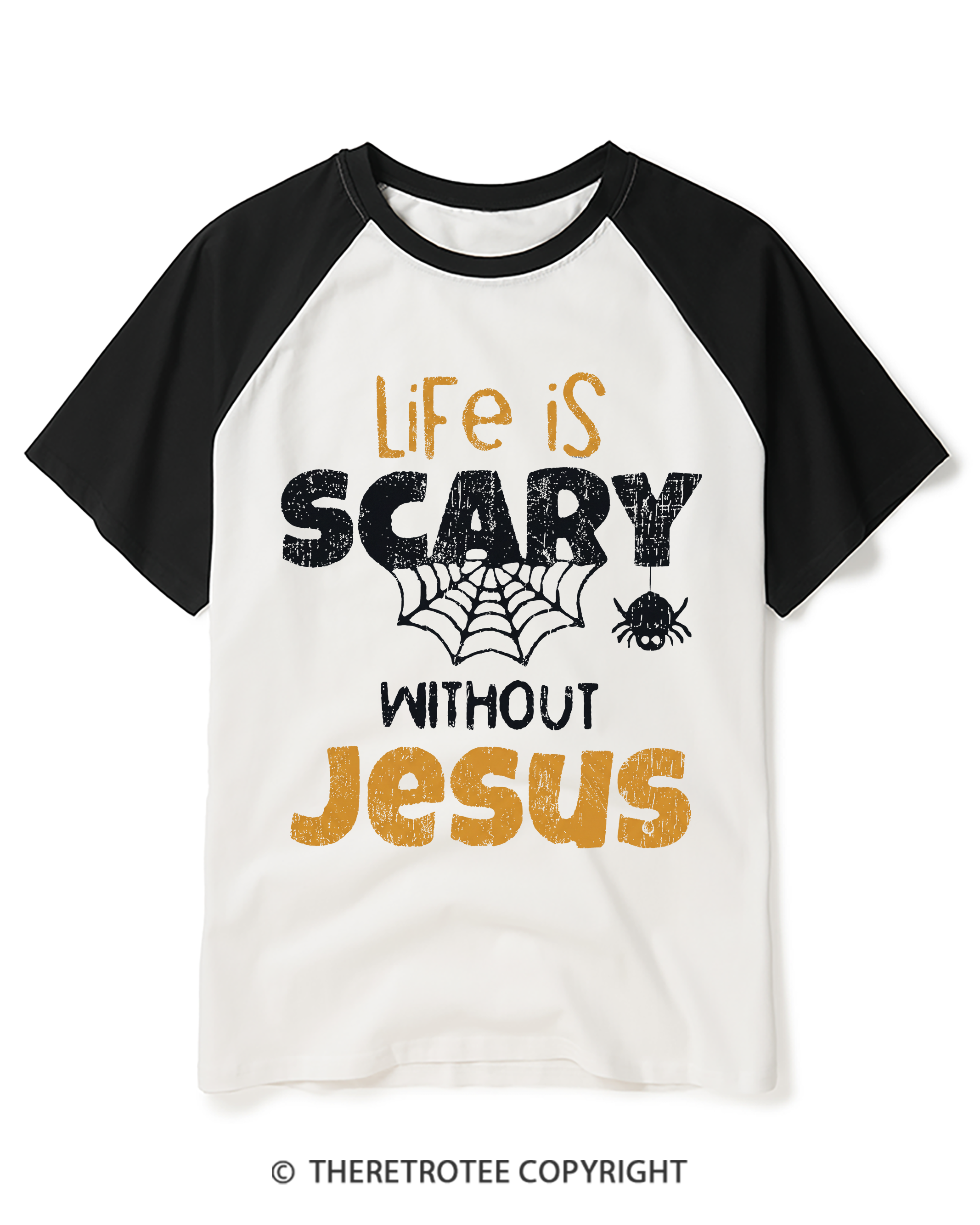 TheRetroTee Life is scary without Jesus 1980s Raglan Baseball T-Shirt