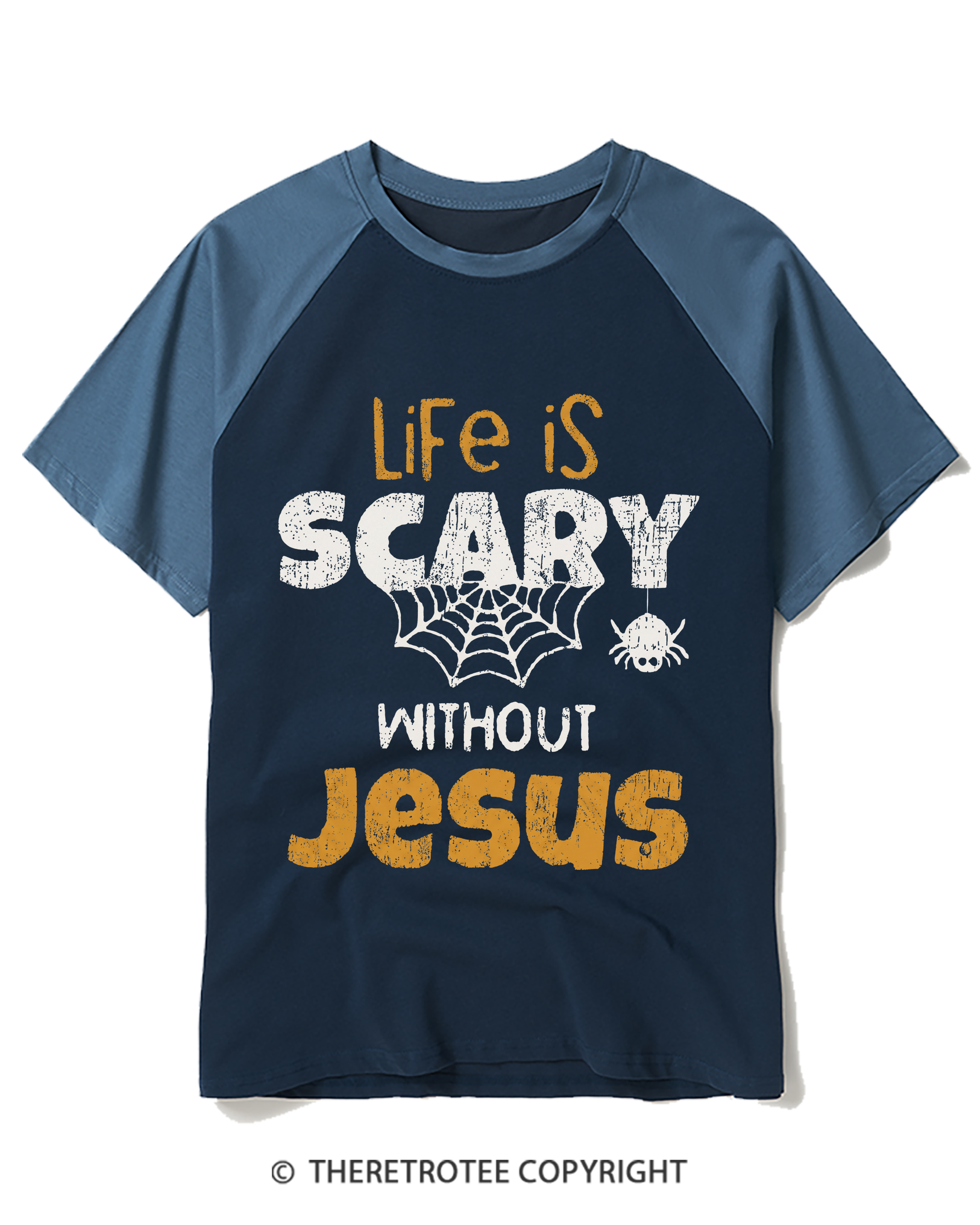 TheRetroTee Life is scary without Jesus 1980s Raglan Baseball T-Shirt