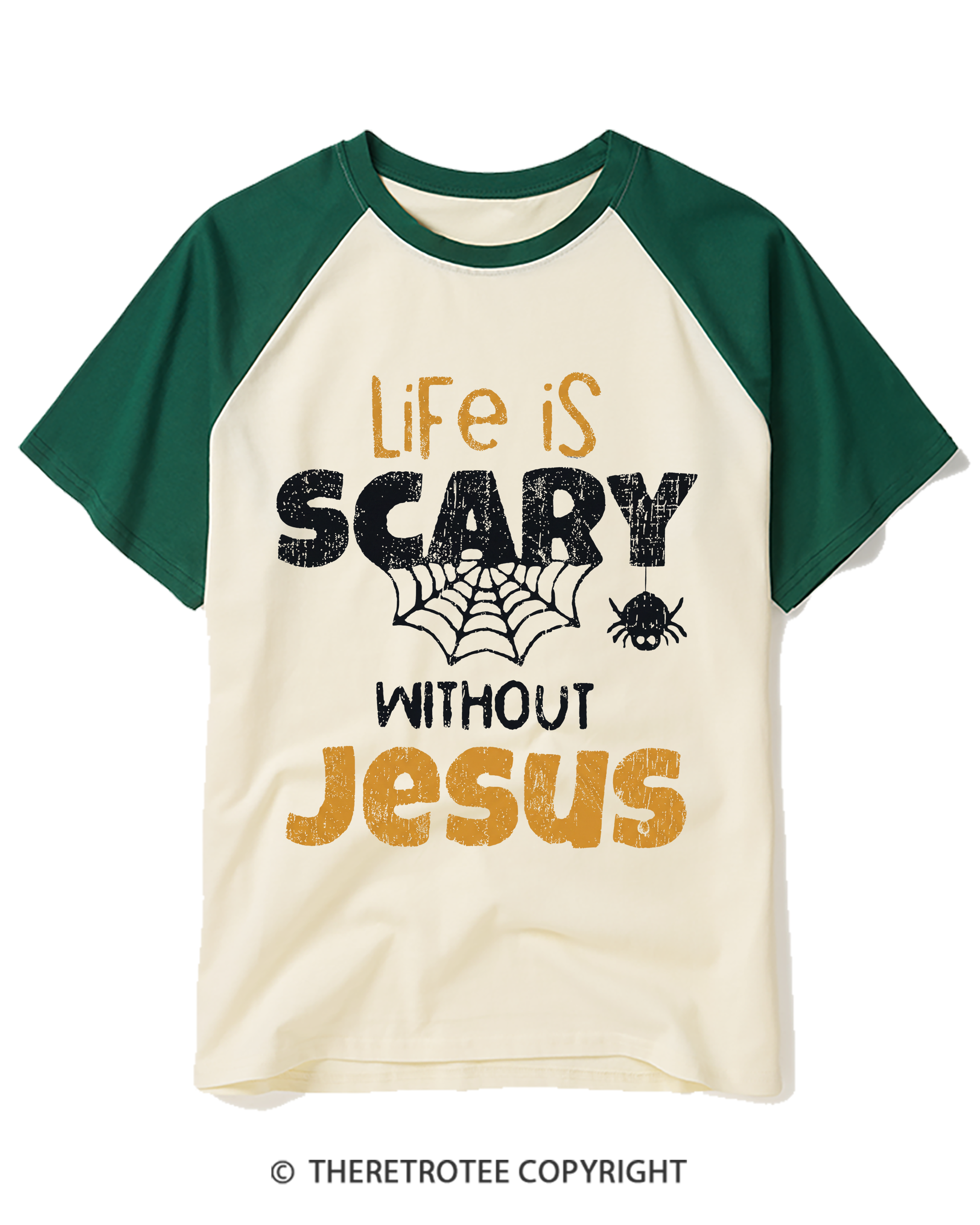 TheRetroTee Life is scary without Jesus 1980s Raglan Baseball T-Shirt