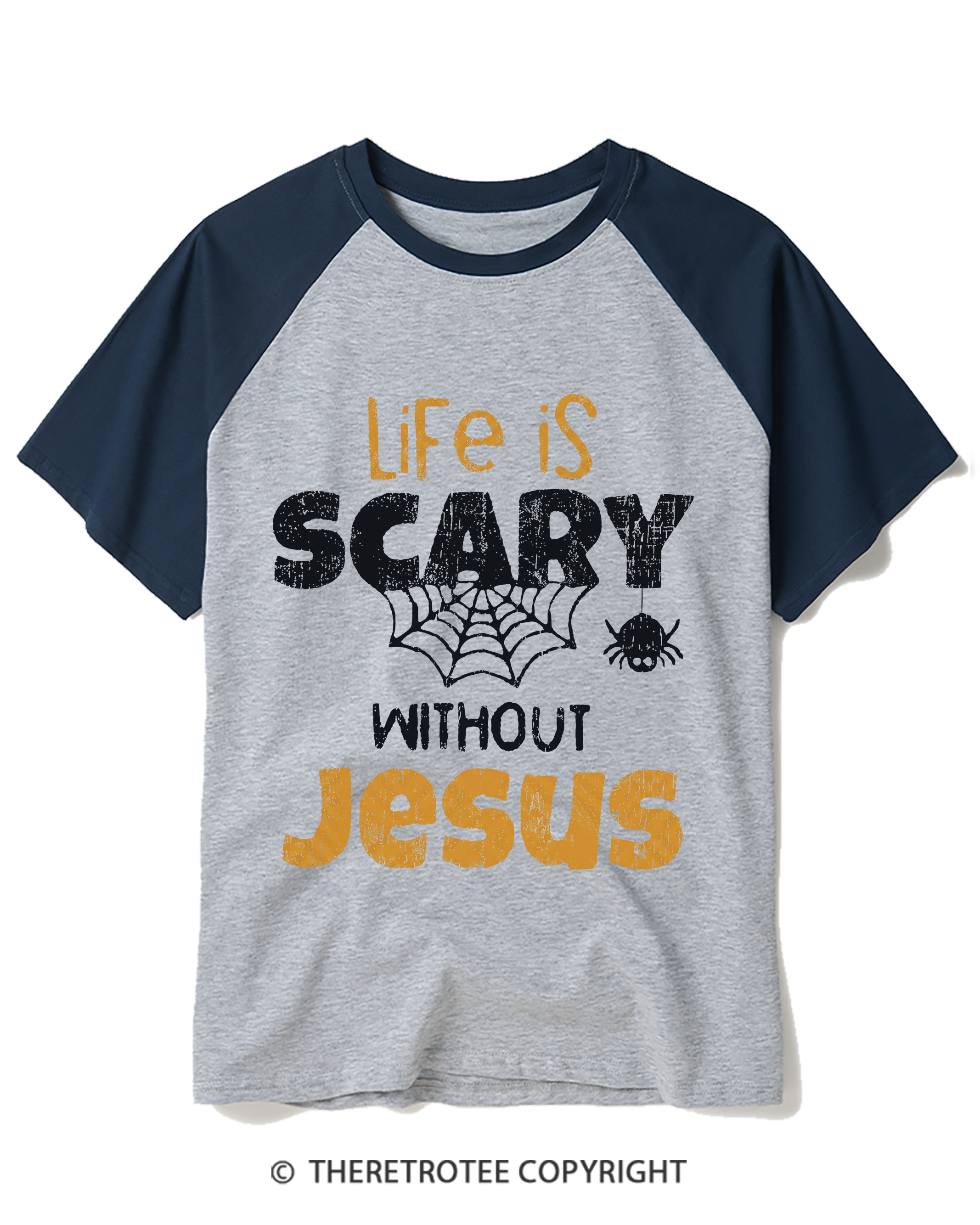 TheRetroTee Life is scary without Jesus 1980s Raglan Baseball T-Shirt