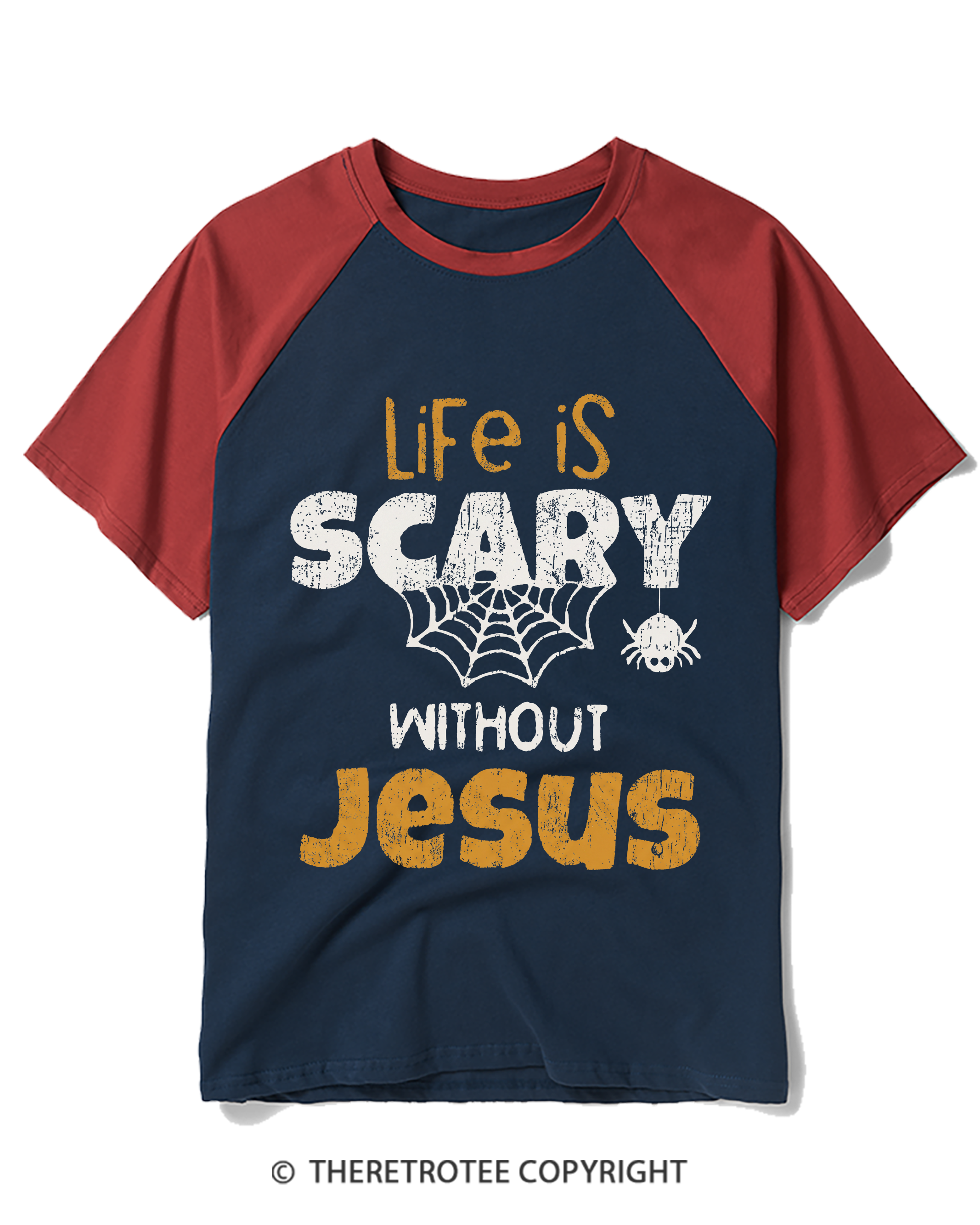 TheRetroTee Life is scary without Jesus 1980s Raglan Baseball T-Shirt