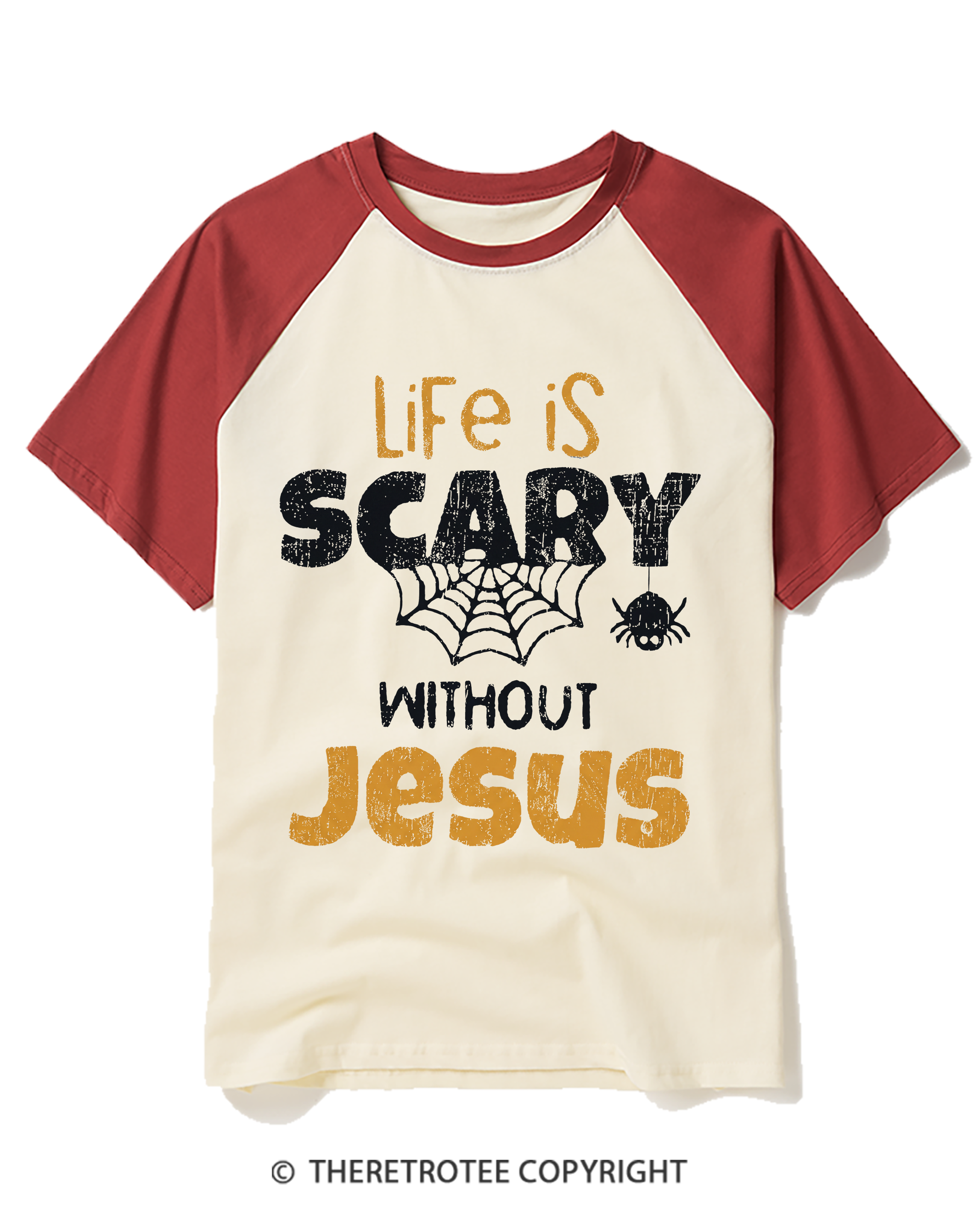 TheRetroTee Life is scary without Jesus 1980s Raglan Baseball T-Shirt