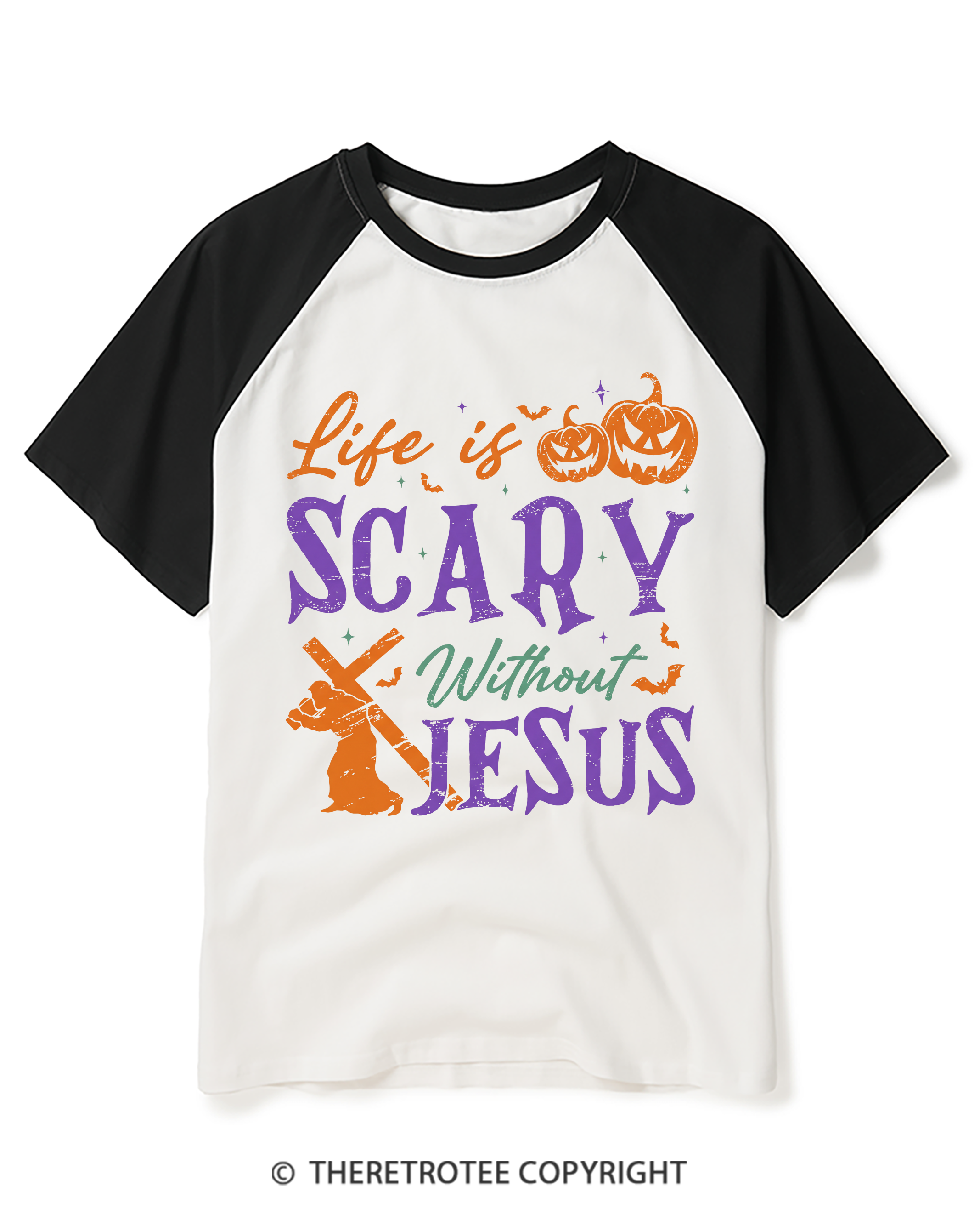 TheRetroTee Life is scary without Jesus 1990s Raglan Baseball T-Shirt